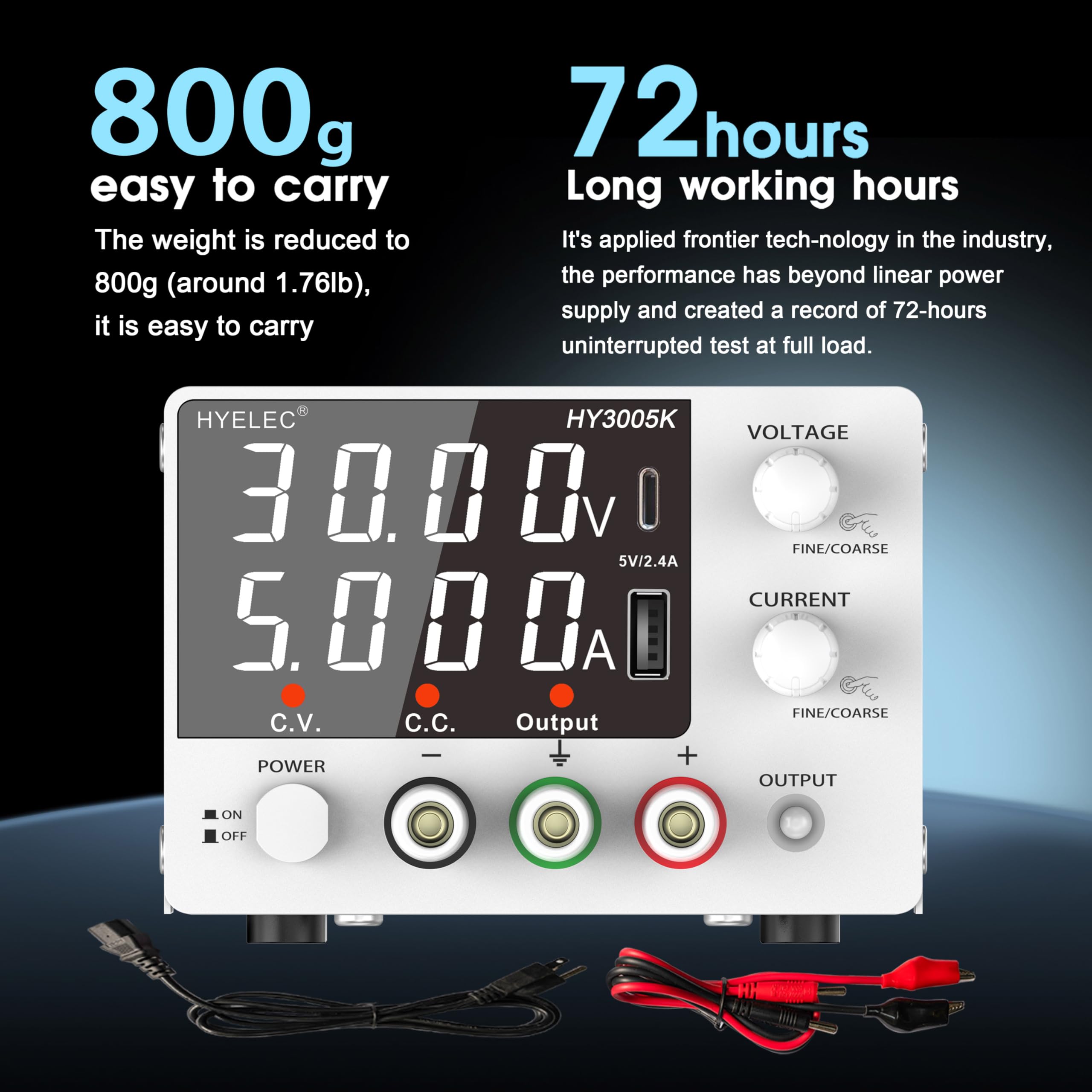 Fuente de alimentación de CC variable, 0-30 V 0-5 A, fuente de alimentación de banco con perilla de codificador, visualización LED de 4 dígitos, calibración digital, carga USB y tipo C