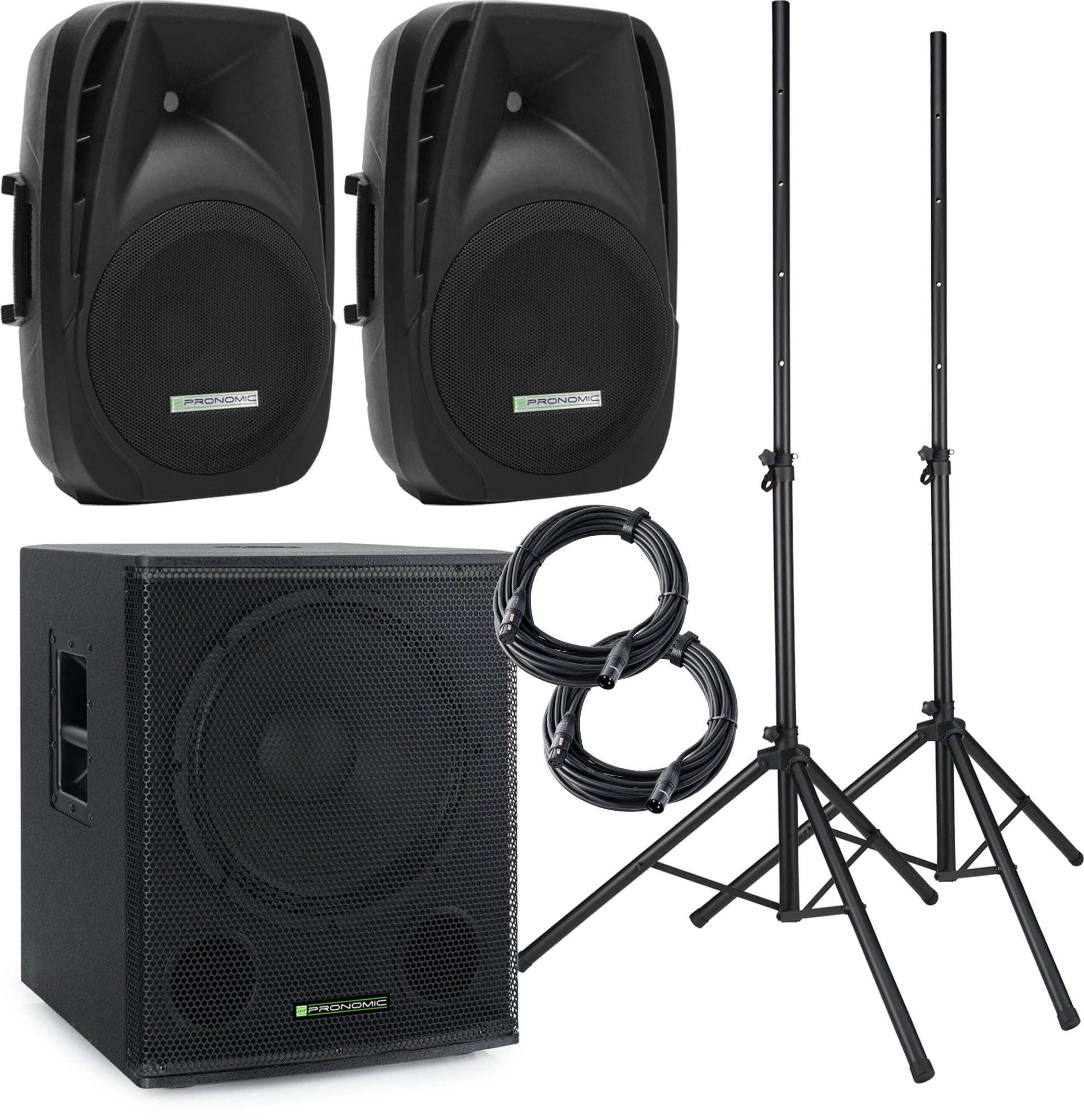 Pronomic 118S-212A Impianto PA Attivo - set PA attivo con 1 subwoofer da 18" e 2 satelliti da 12" - 600 watt potenza totale (RMS) - inclusi supporti per casse e cavi da 10m