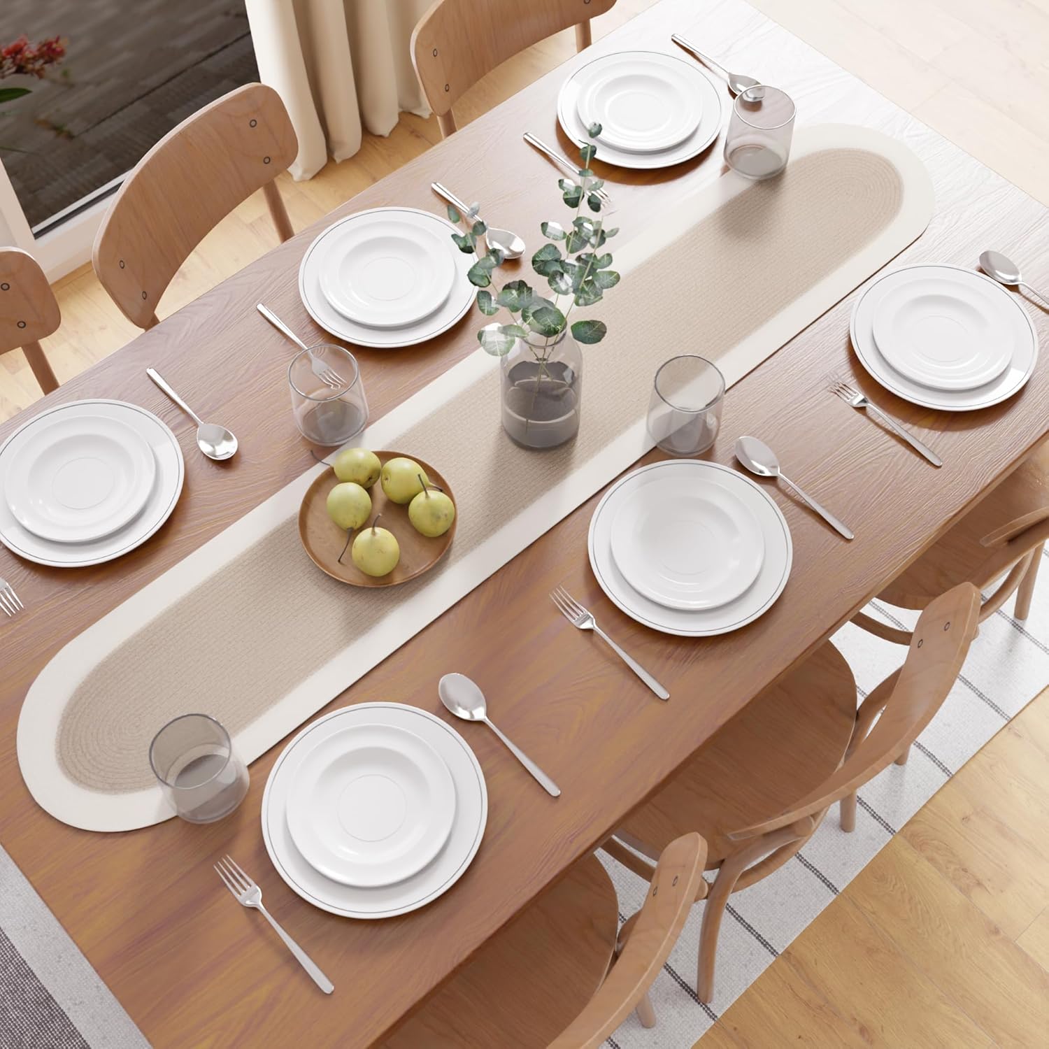 Encasa XO Dining Table Runner | Handmade Ribbed Style Cotton | 12x54 in | Beige & Off White | for Coffee & Center Table