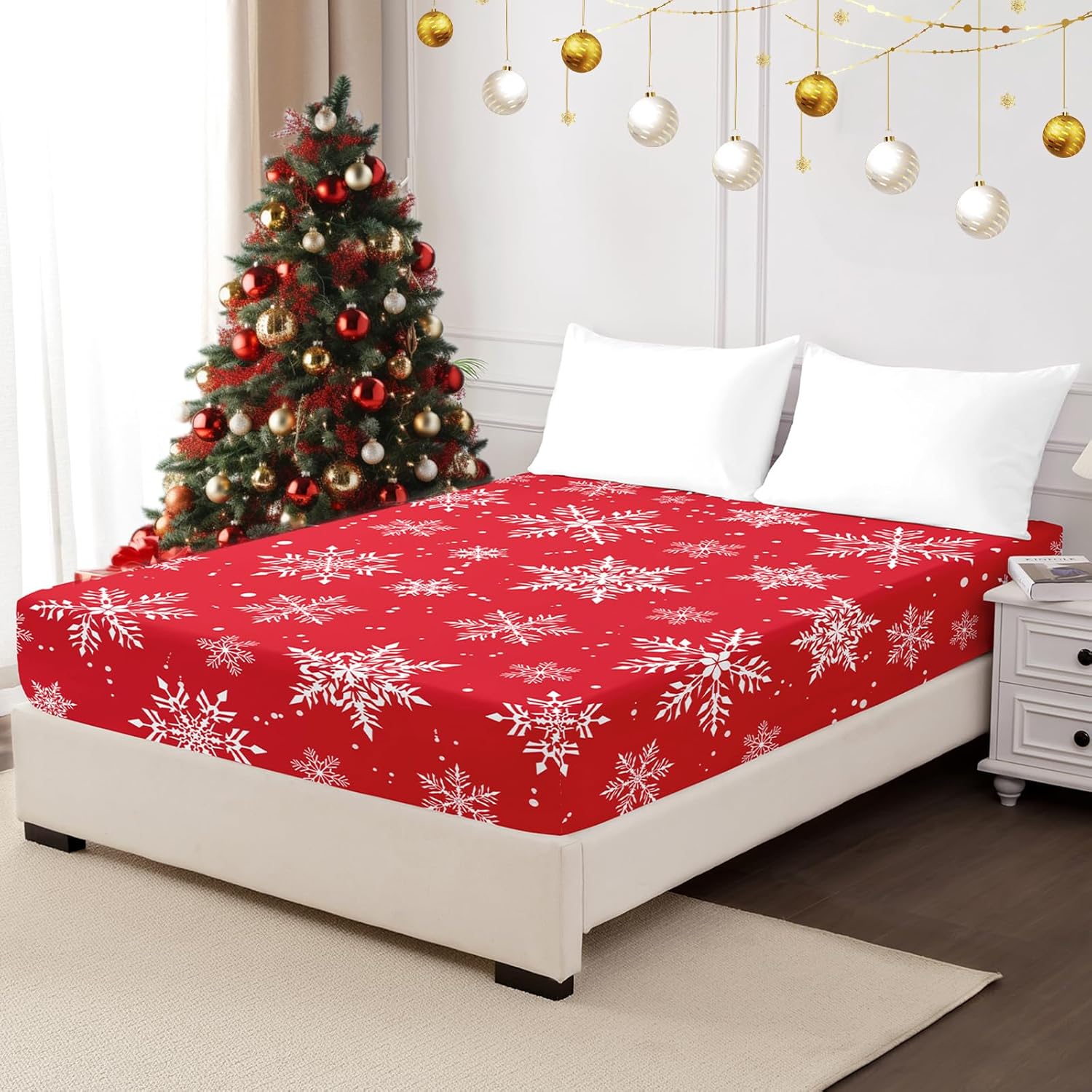 Christmas Fitted Sheet Only, 100% Brushed Microfibre Deep Pocket Fitted Bottom Sheet, Ultra Soft, Shrinkage and Fade Resistant, Queen Size