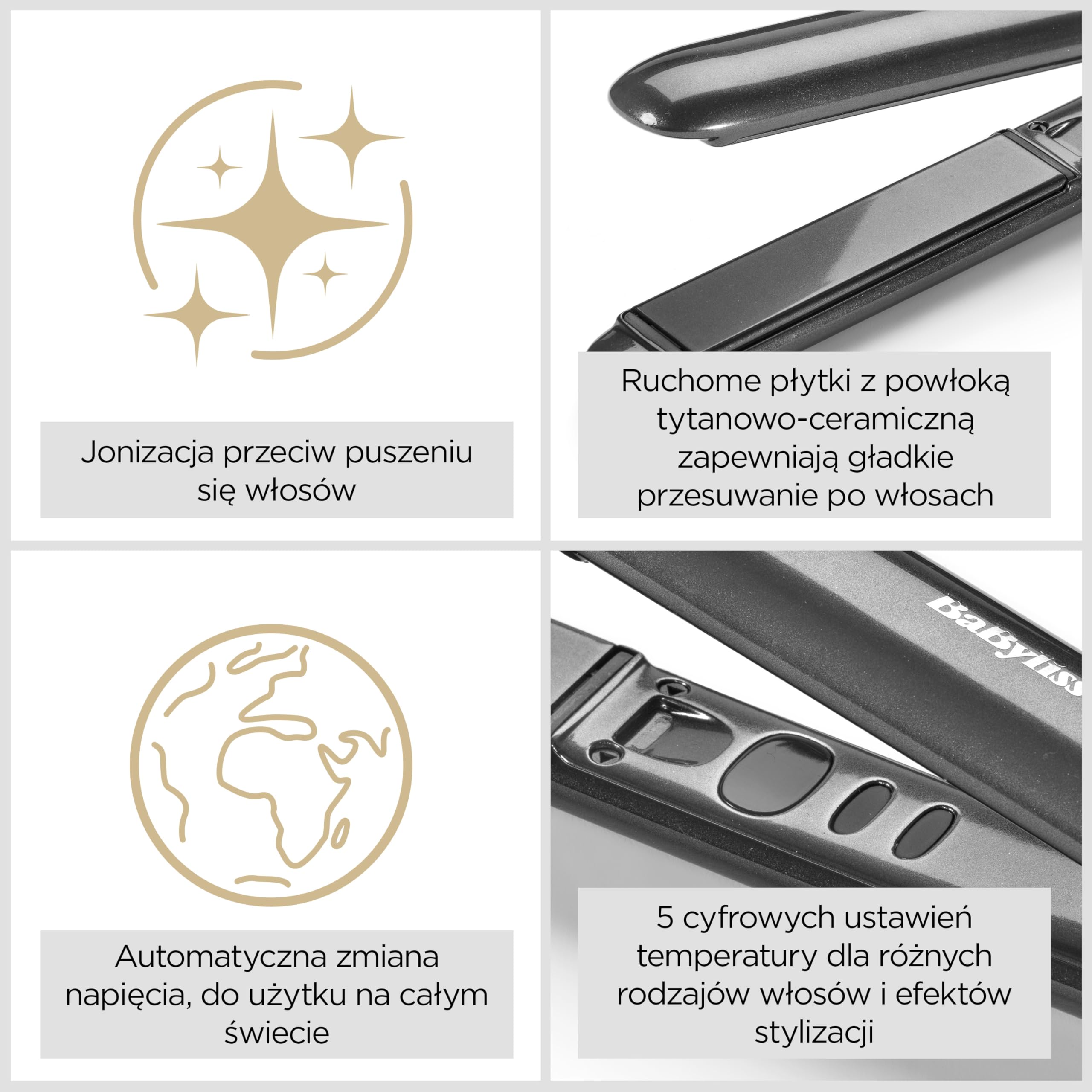 Prostownica do włosów BaByliss Titanium Shine – technologia tytanowo-ceramiczna Smooth-Glide, 5 ustawień temperatury 150–230°C, do użytku na całym świecie, kolor srebrny, model ST260E