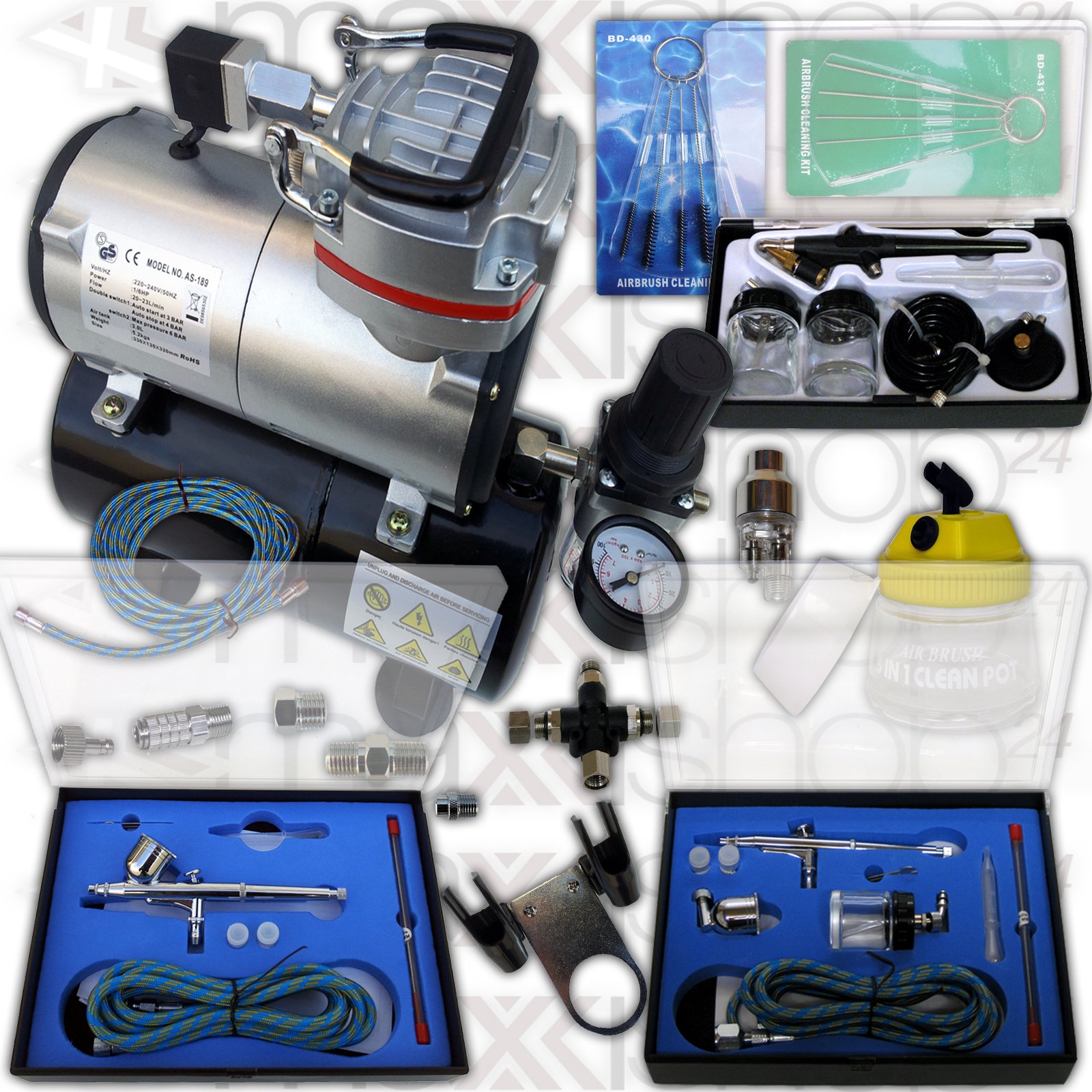Airbrush-Set AS-189-A1 Komplett-Set Kompressor Set 13tlg. Mit 3 Pistolen