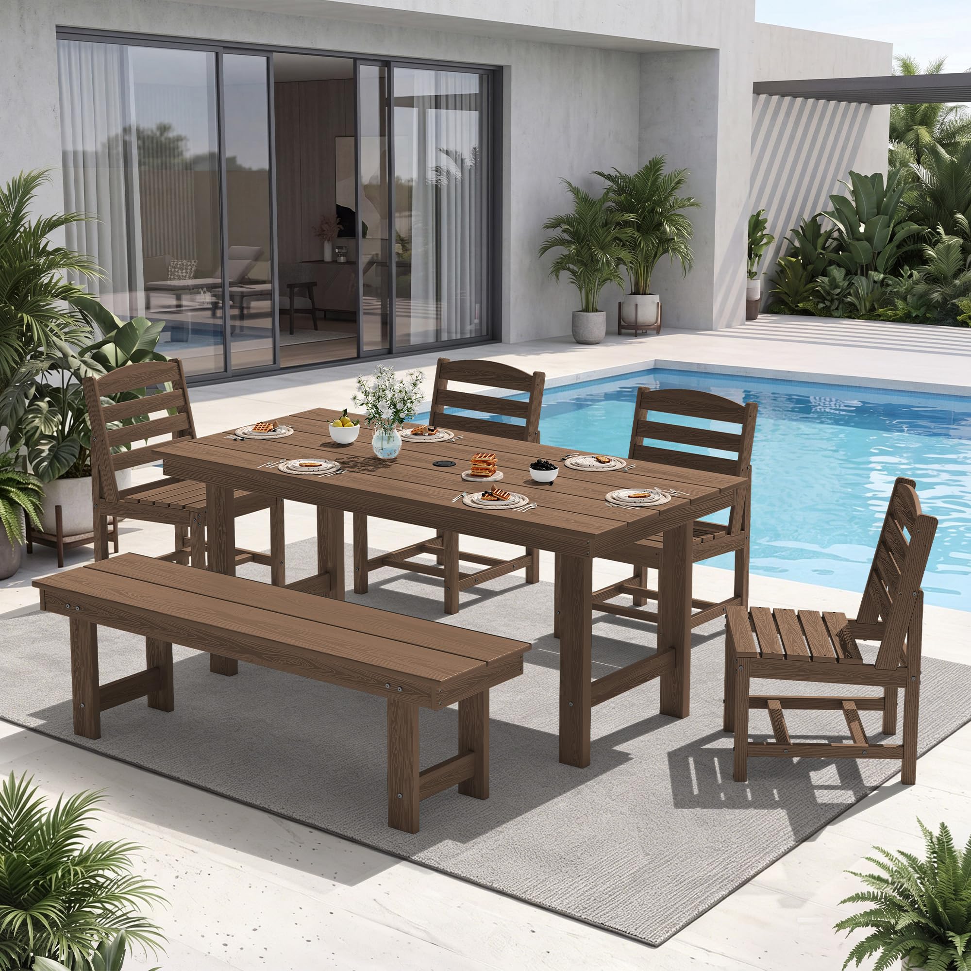 KINGYES 6-Piece Patio Dining Set, HDPE Table Bench and Armless Chairs Brown