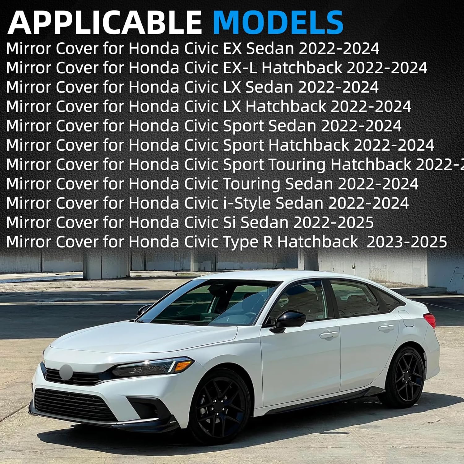 Driver Side Mirror Cover Replacement for Honda Civic 2022-2024, Civic Si Sedan 2022-2025, Civic Type R Hatchback 2023-2025 - Left Side Mirror Covers, Rear View Mirror Cap Black, With Lamp