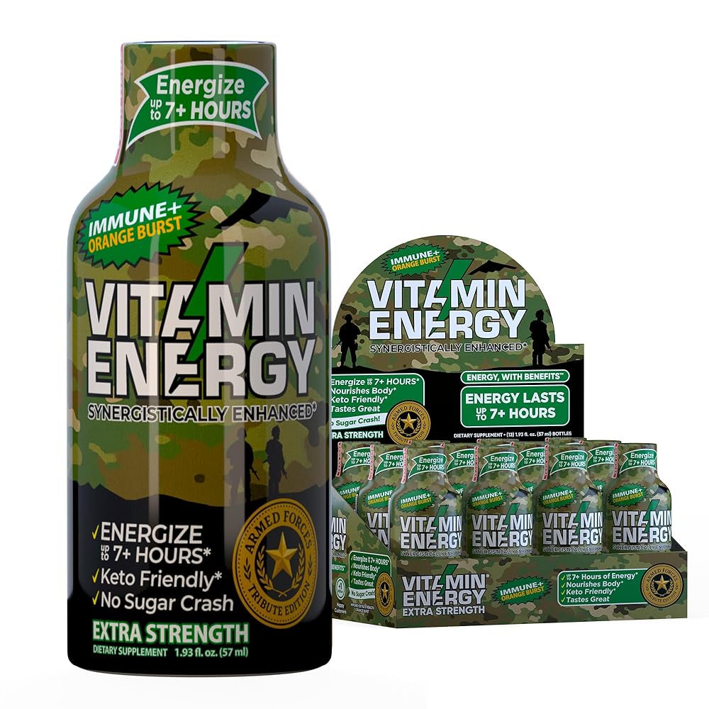 Vitamin Energy Immune+ Extra Strength Energy Shot Army Orange 12 Pack, 260mg Natural Caffeine, B-Vitamins, Citicoline, Green Tea, Immunity & Focus Support, Zero Sugar, Gluten-Free 1.93 fl oz
