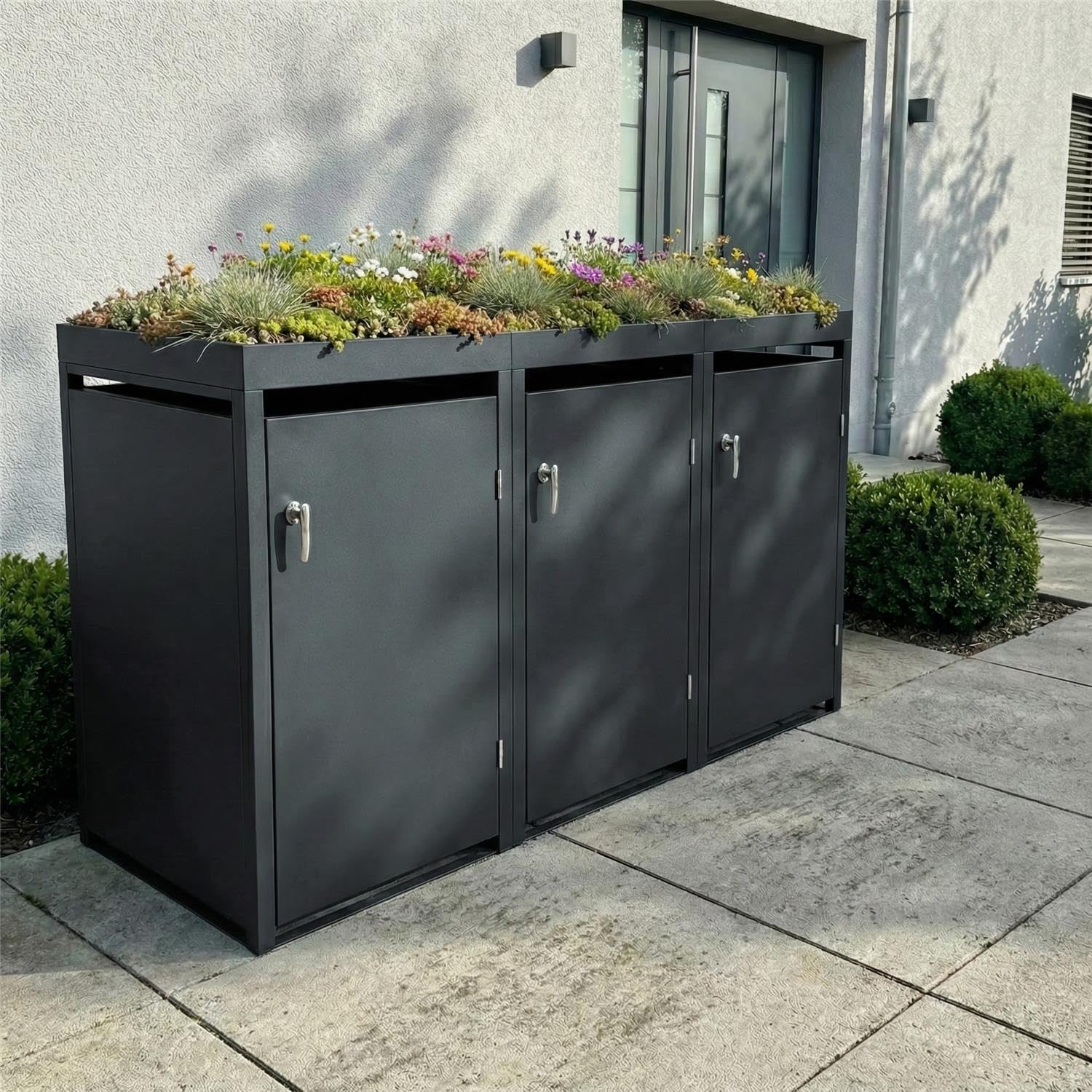 Metzler Mülltonnenbox in Anthrazit mit Pflanzdach 3er 240L, Mülltonnenverkleidung 3 Tonnen, witterungsbeständiger und pulverbeschichteter Stahl mit Automatikdeckel, abschließbar, Garten- und Müllbox