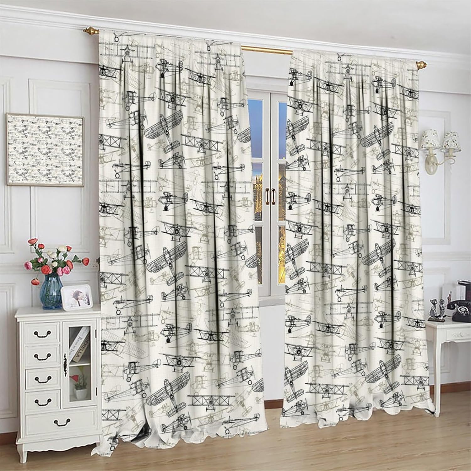 Kid Cartoon Airplane Blackout Window Curtains, Old Fashioned Transportation Hand Drawn Style Vintage Pattern, for Living Room Bedroom 21(W)*45(L) 2 Panels