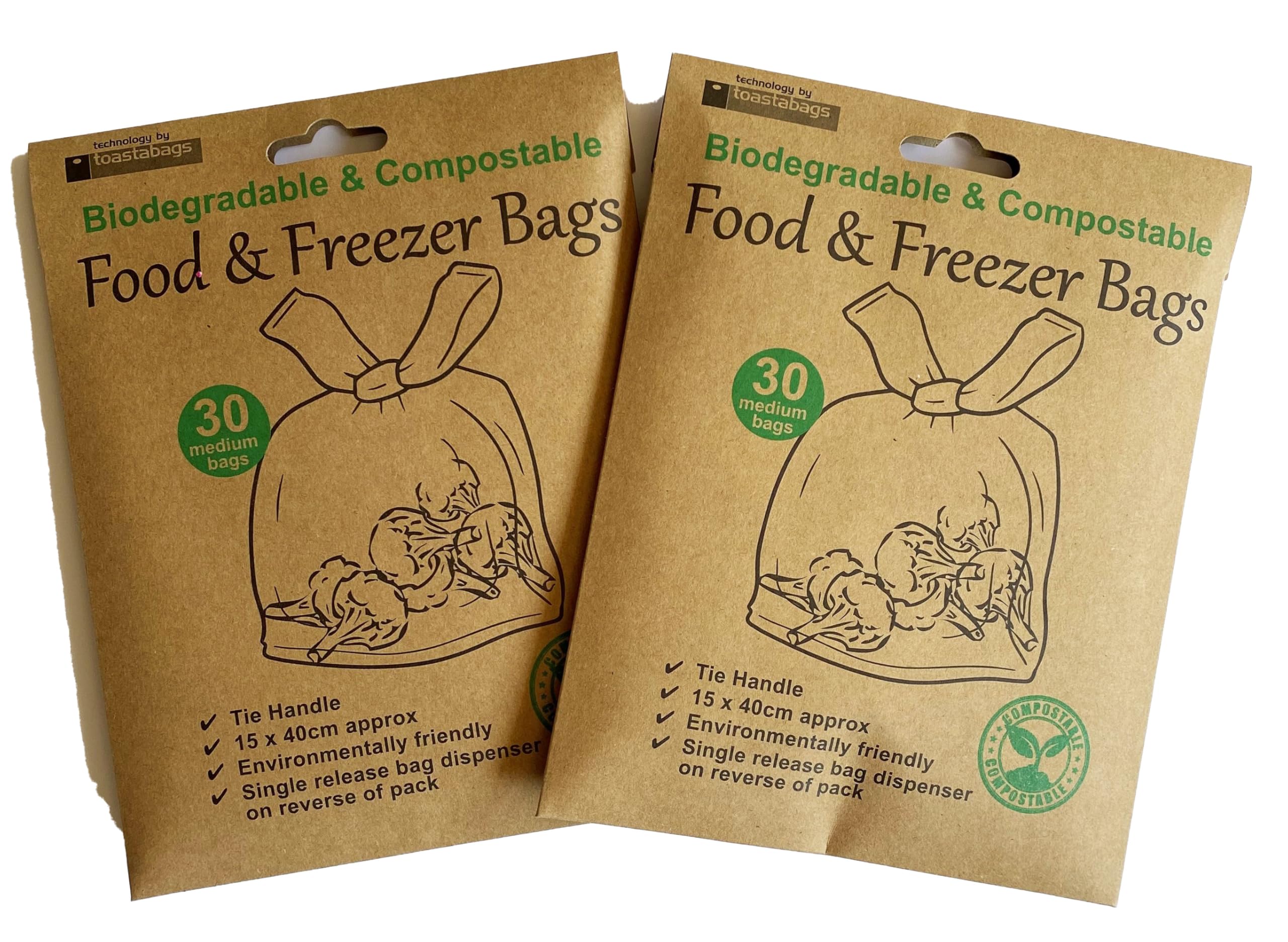 Toastabags Brown Compostable And Biodegradable Food And Freezer Bags, 60 Medium Bags, 15 X 40 Cm