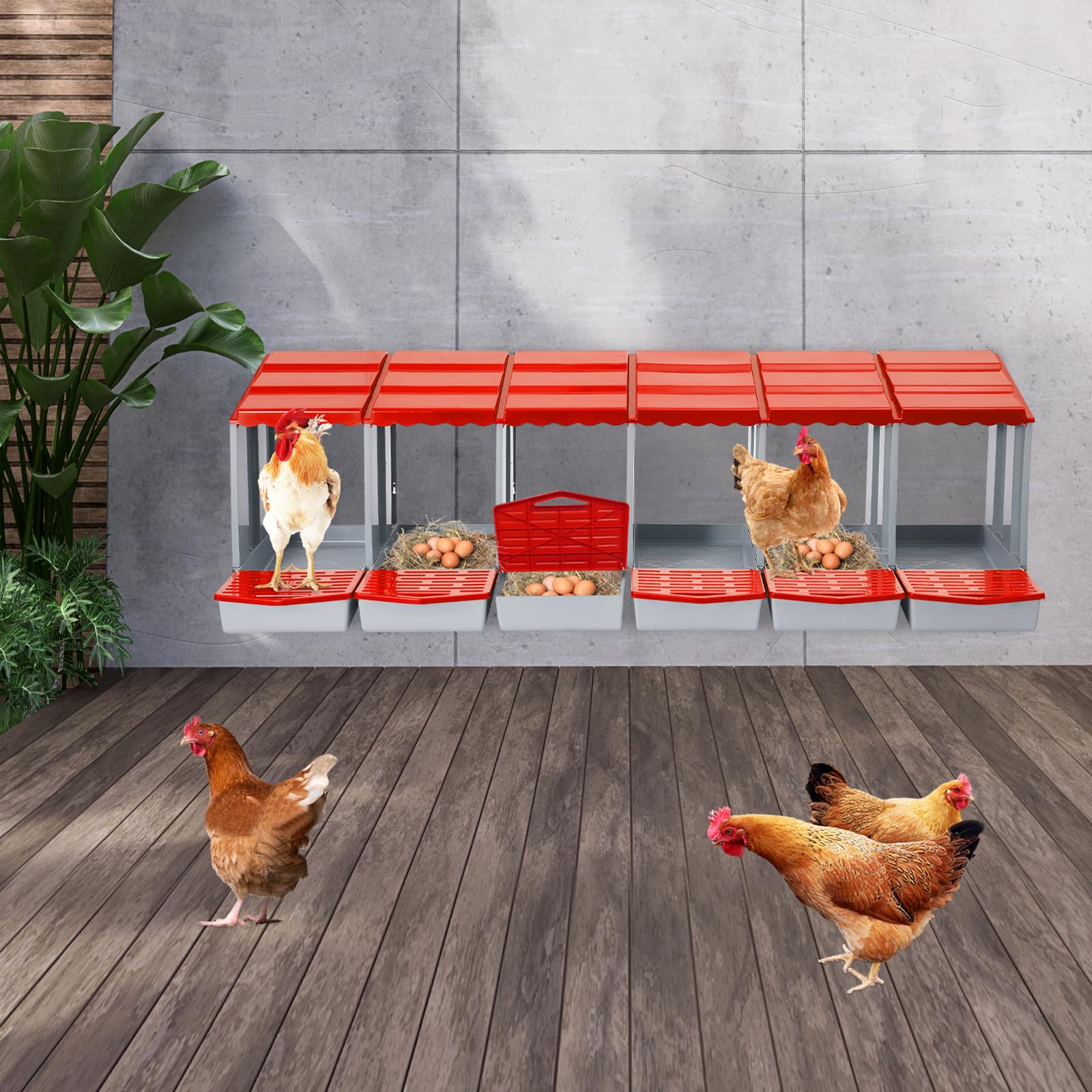 Nido de pollo con 6 cámaras, nido de plástico para montaje en pared, nido de aves de corral para huevos puestos, fácil limpieza (rojo)