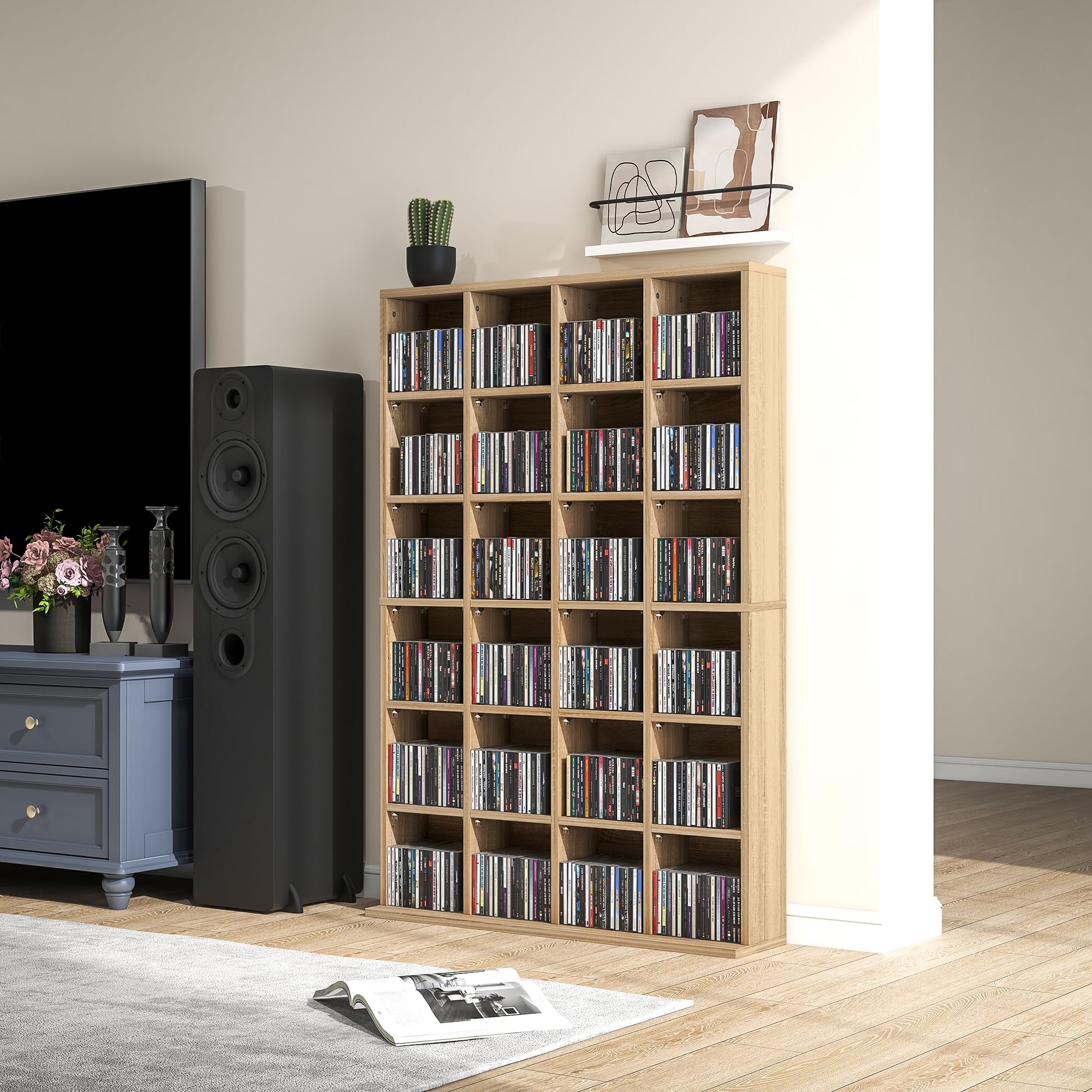 HOMCOM Rangements pour CD et DVD, Meuble de Rangement multimédia en Bois avec 24 Compartiments, étagères Ajustables, capacité jusqu'à 456 CD/336 DVD, bibliothèque, 89 x 20 x 130,5 cm, Bois Naturel