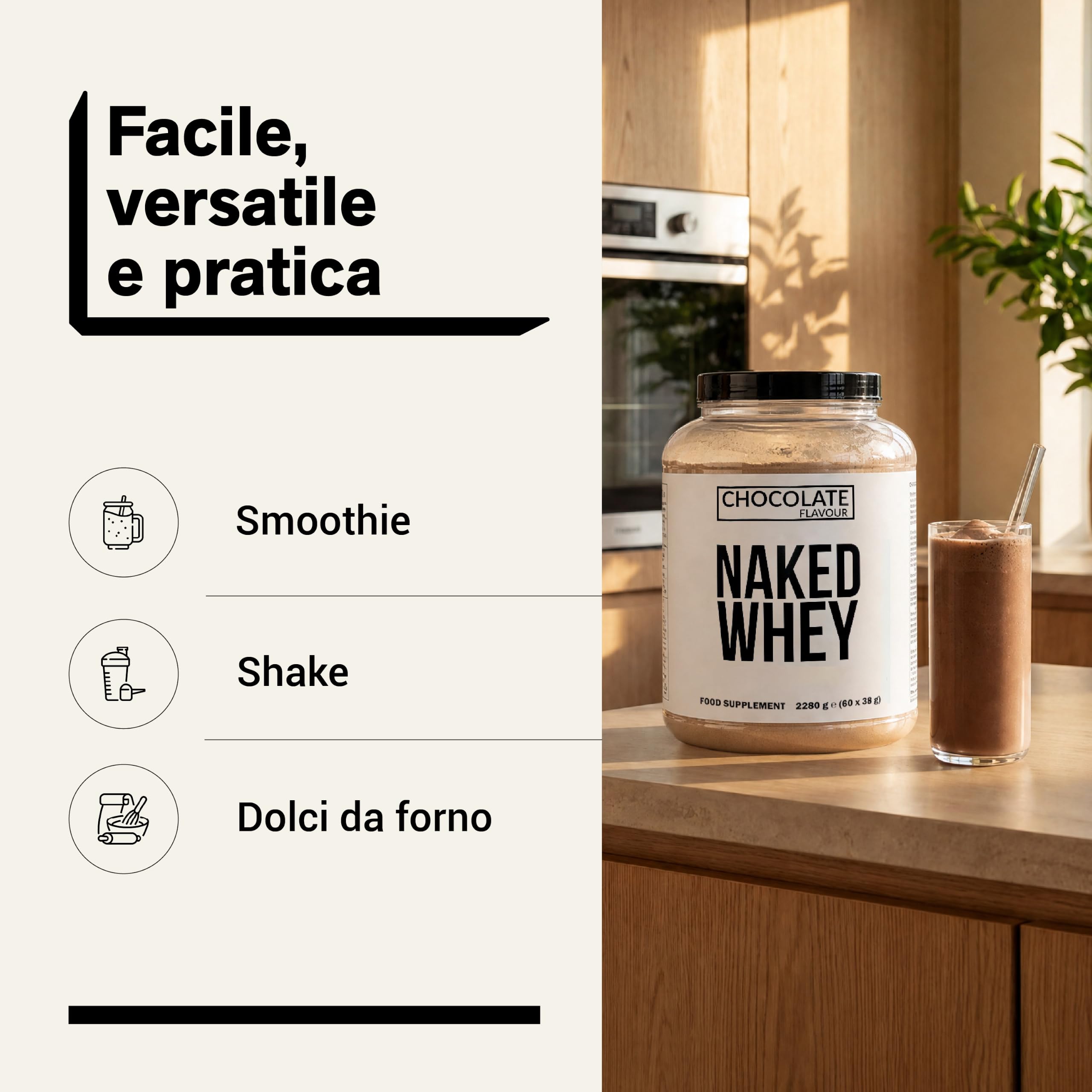 Naked Cioccolato Whey Protein, Proteine in Polvere, Solo 3 Ingredienti, Grass Fed, Senza Glutine, Senza Soia, Senza OGM, 25g di Proteine e 6g di BCAAs per Misurino, 60 Porzioni, 2280g