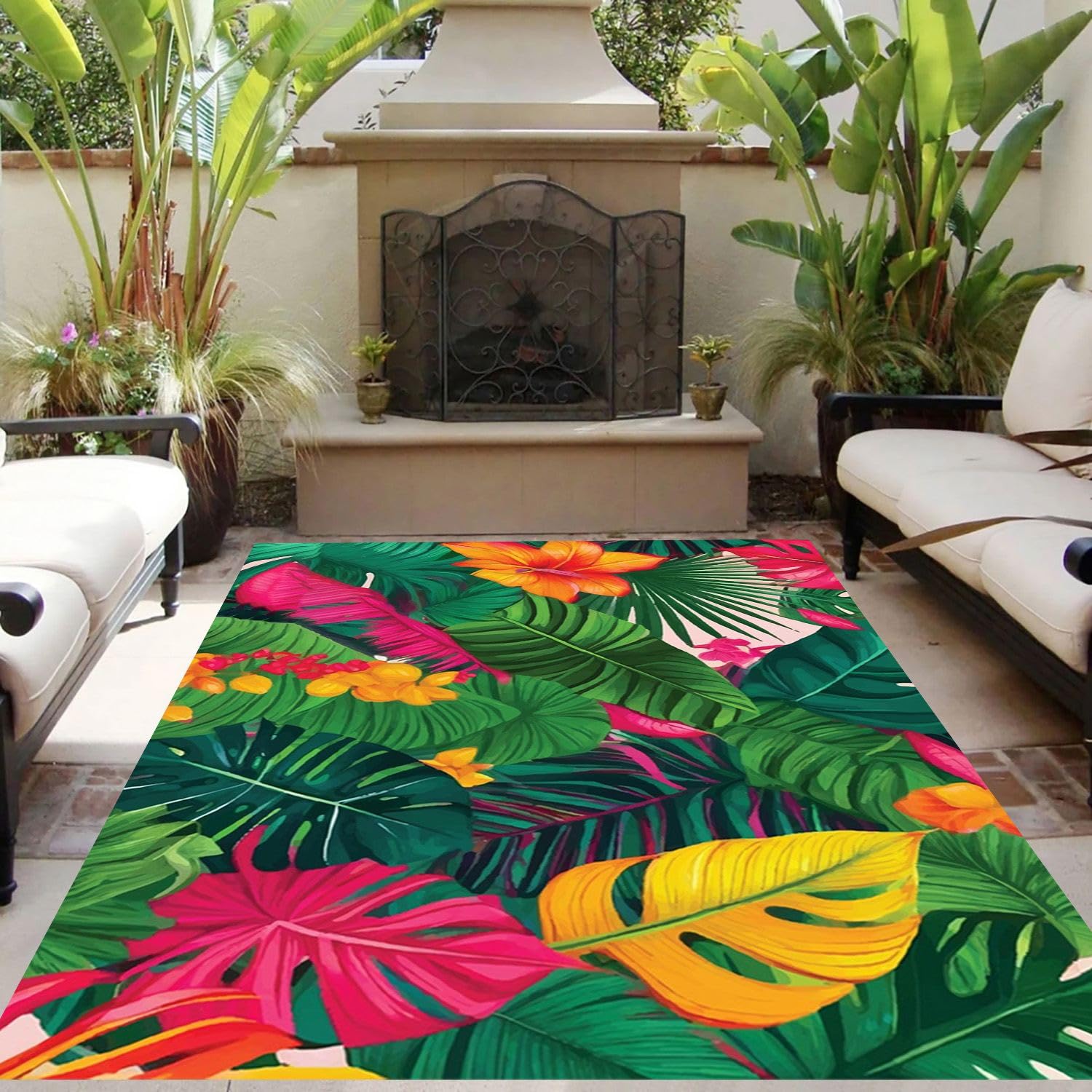 Fresh Vibrant Visual Outdoor Area Rug Green Pink Yellow 3D Tropical Jungle Rugs for Porch Poolside Patio Washable Waterproof Non Slip Floor Mat