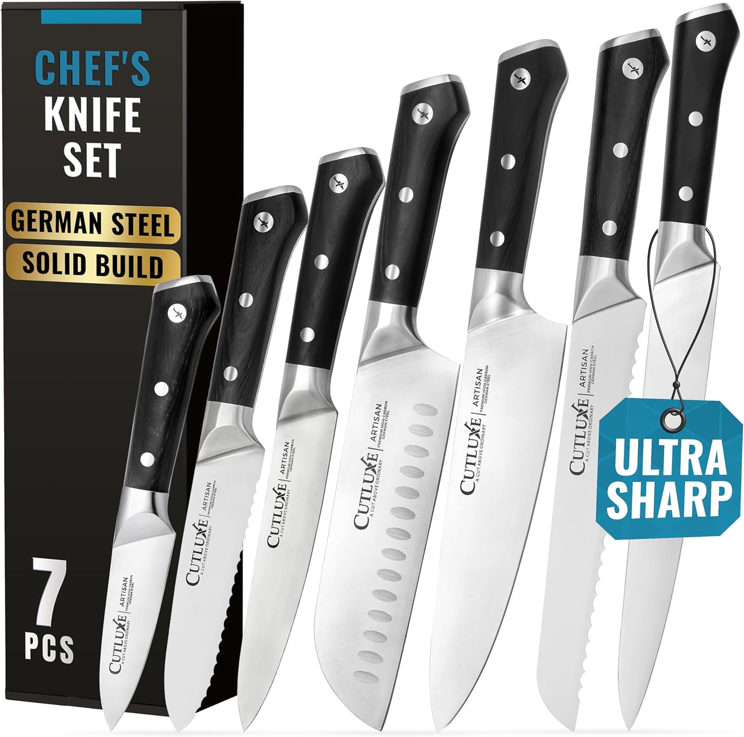 Cutluxe Chef's Knife Set with Razor-Sharp German Steel – Complete Sharpening Stone Kit – Includes Whetstone, Non-Slip Acacia Wood Base, Angle Guide, Flattening Stone, and Leather Strop