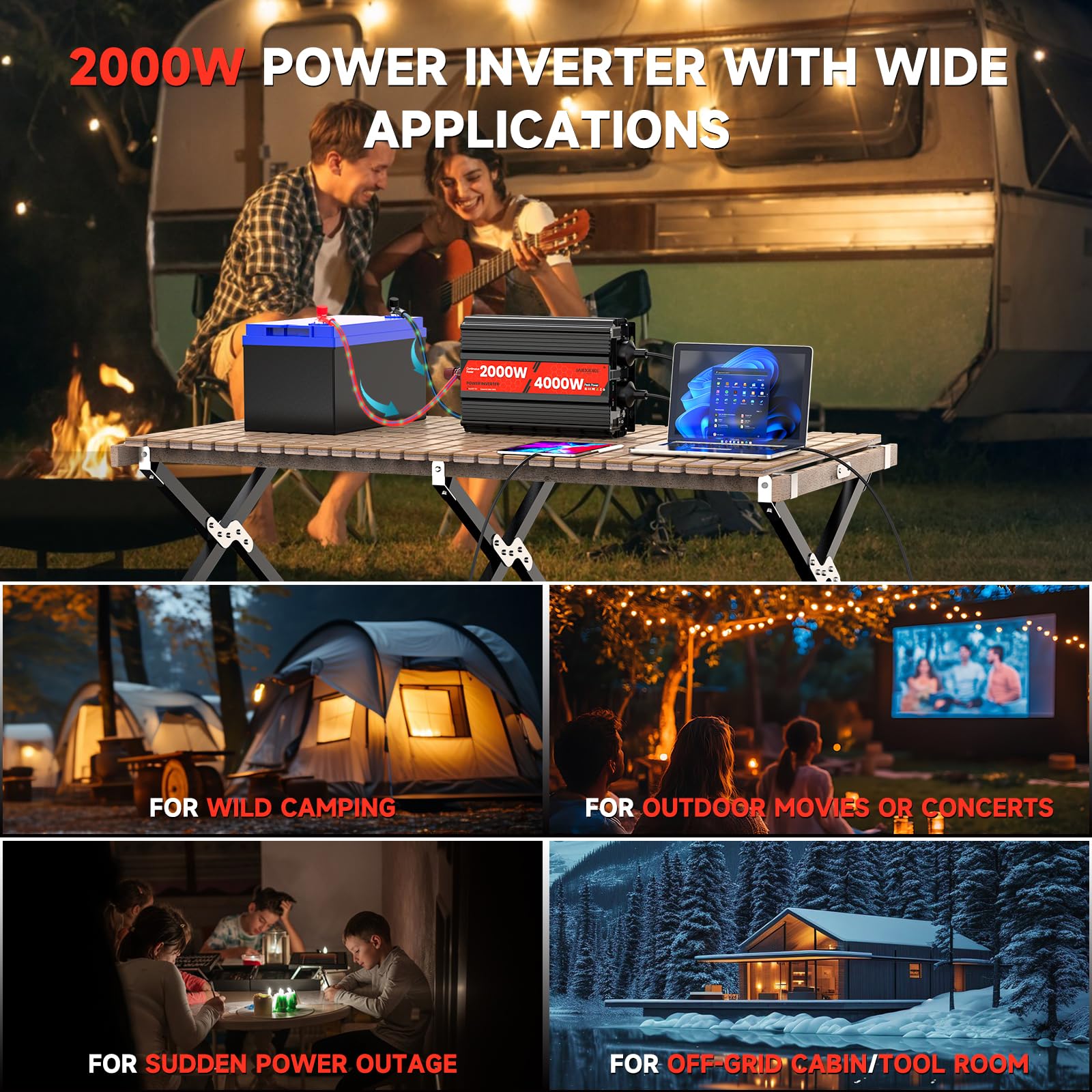 Przetwornica napięcia, 2000 W, 12 V, 230 V, zmodyfikowana sinusoidalna przetwornica napięcia, 2 gniazda AC, konwerter prądu do paneli słonecznych, samochodów, kamperów, pojazdów