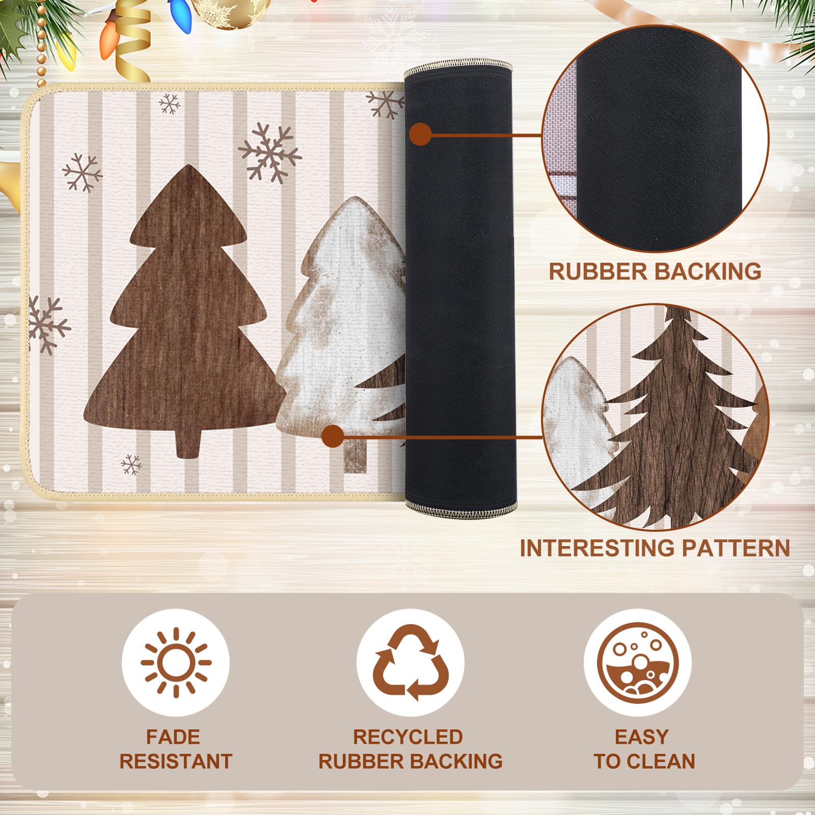 Tinideya Küchenteppich, Motiv: Frohe Weihnachten, Holzbaum, Schneeflocken, Urlaub, Winter, Vintage, neutrale Weihnachtsdekoration, Innen-Bodenmatte für Küche, Badezimmer, Heimdekoration, 3 Stück