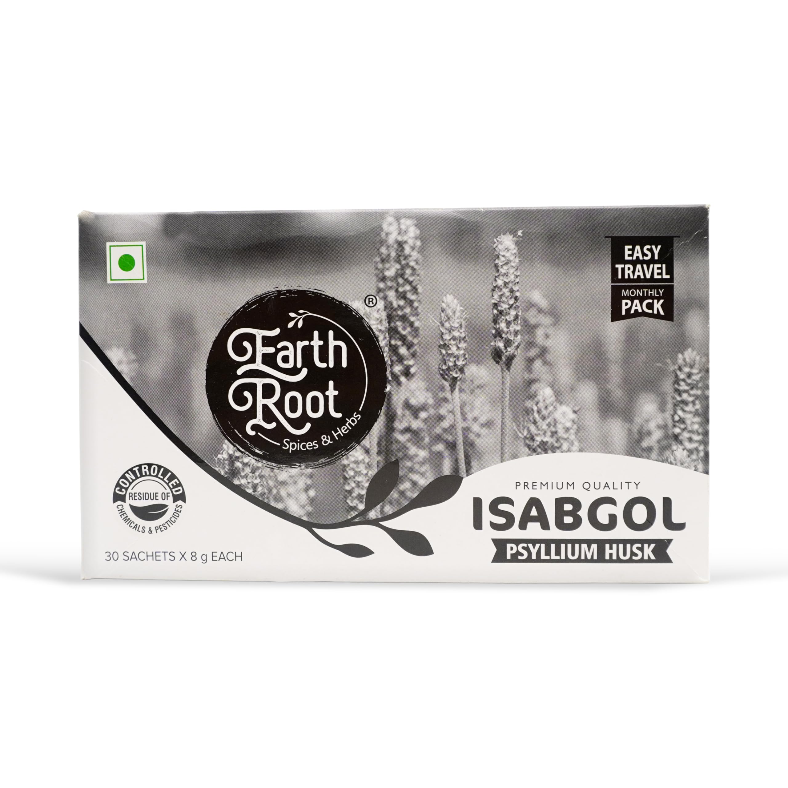 EarthRoot® Psyllium Husk (Isabgol) Standee Pack| Isabgol Help for Health| Psyllium Whole Husk| Isabgol for Weight Loss | helps to flush toxins from the digestive tract | 30 SACHETS (8 Gram Each)