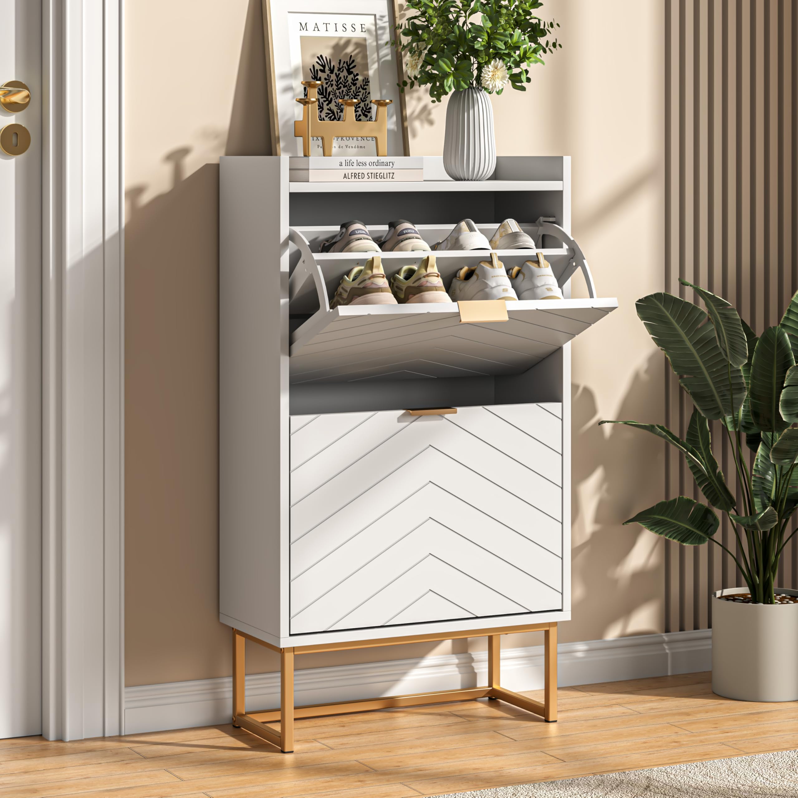 UEV Slim Shoe Storage Cabinet with 2 Flip Drawers, Hidden Shelf & Modern V-Line Design – Shoe Organiser for Hallway, Entryway or Bedroom, White — image 1