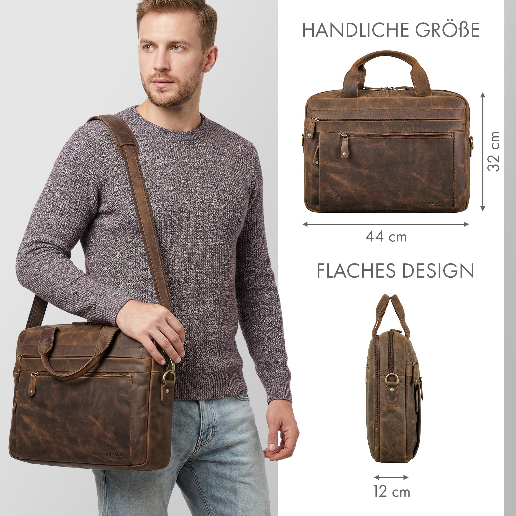 ROYALZ "Boston Aktentasche Herren Leder Business - Laptoptasche 14-17 Zoll aus Echtleder Umhängetasche Männertasche für Arbeit Alltag Reisen - Vintage Design Ledertasche;Farbe:Ohio Braun