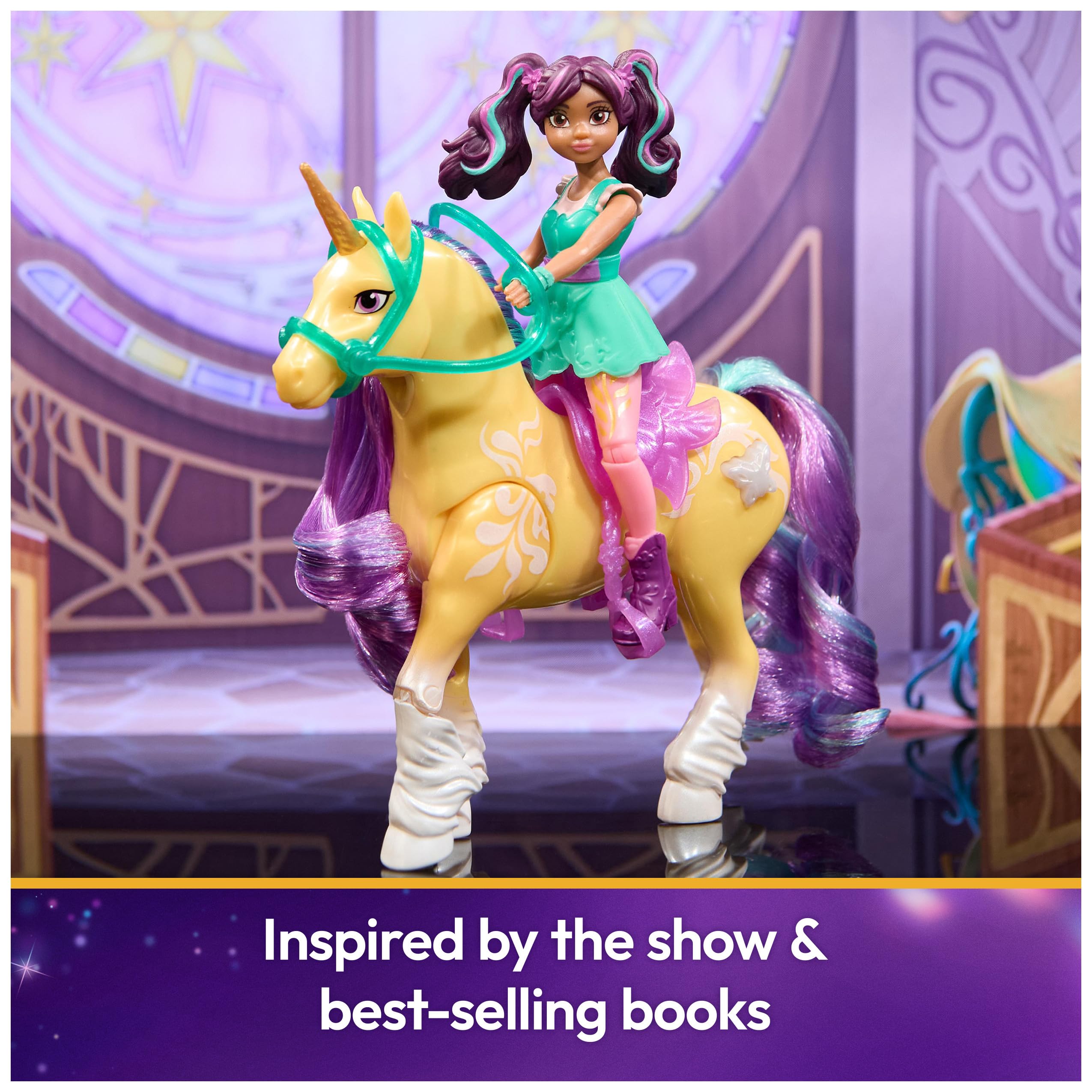 Unicorn Academy Zestaw – Ava i roślinny magiczny liść z prawdziwą grzywą i ogonem oraz magiczną funkcją świecenia, oryginalne figurki o wielkości ok. 12 cm z popularnej serii Netflix, dla dzieci od 4