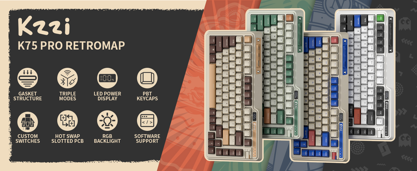 KZZI K75 PRO RGB Mechanische Tastatur – 75%, Drahtlos, Mit Knopf & Power-Anzeige, Hot-Swap, Schwarz/Weiß
