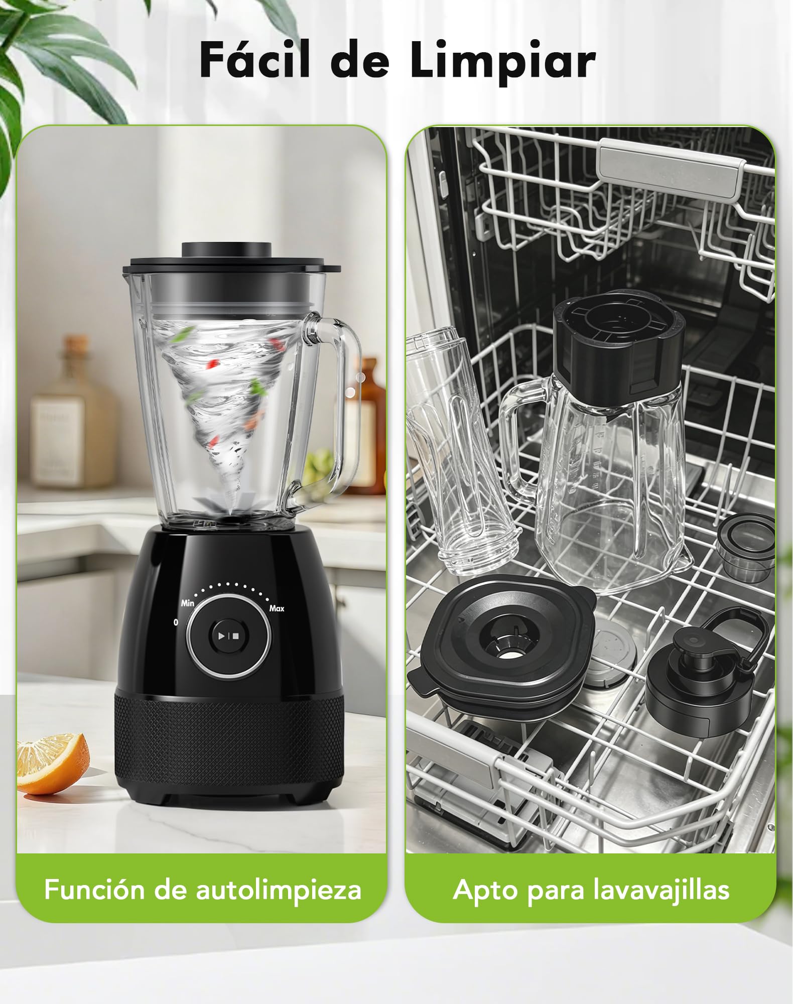 Batidora de Vaso, 1500W Batidora Smoothies, Vaso Batidora con Jarra de Vidrio 1,5L y Botella Tritan 600ml sin BPA, Velocidad Ajustable y Cuchillas de Acero Inoxidable, Licuadora para Zumos y Batidos