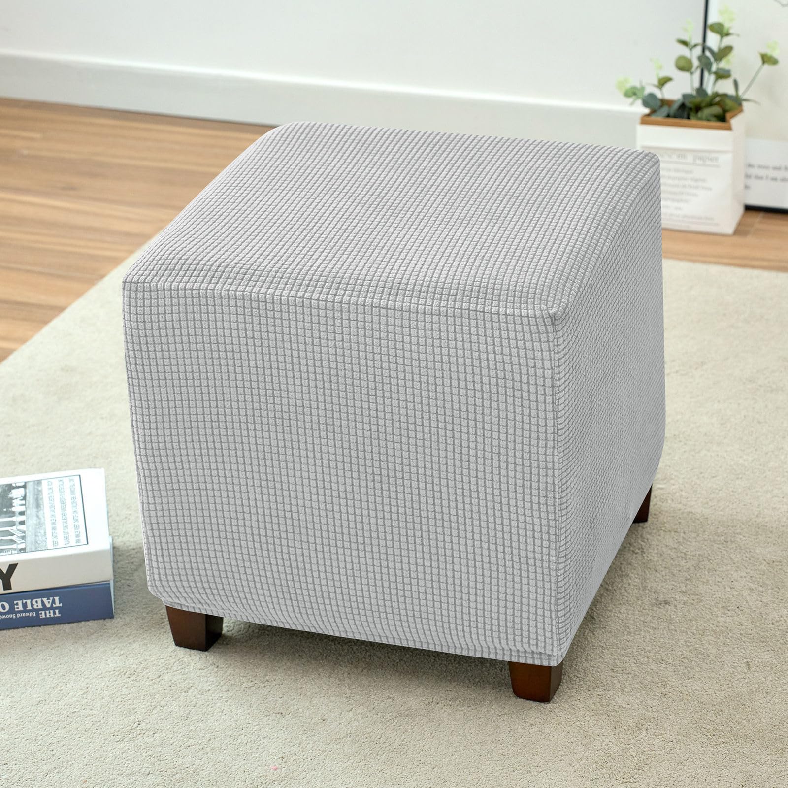 Copri Pouf Quadrato, Elasticizzato Quadrato Copri Poggiapiedi Elastan Copri Ottomano Lavabile Copri Pouf Poggiapiedi Con Fondo Elastico-grigio chiaro-Small