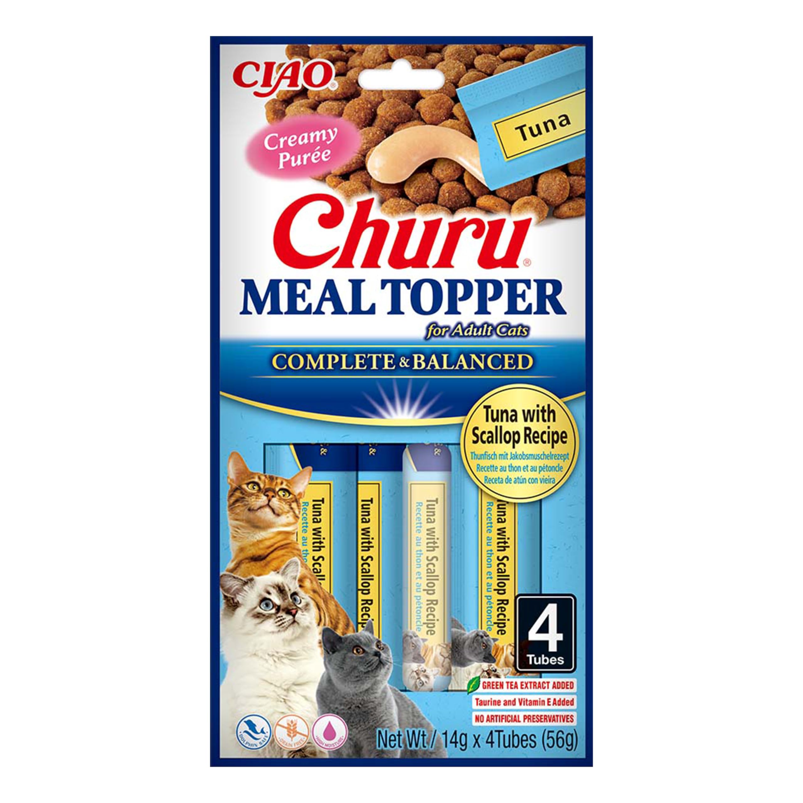 Churu Meal Toppers by INABA Cat Treat - Tuna with Scallop Recipe (4 x 14g) / Soft & Creamy, Delicious & Healthy Purée Food Topper, Natural, Grain Free, Wet Cat Food