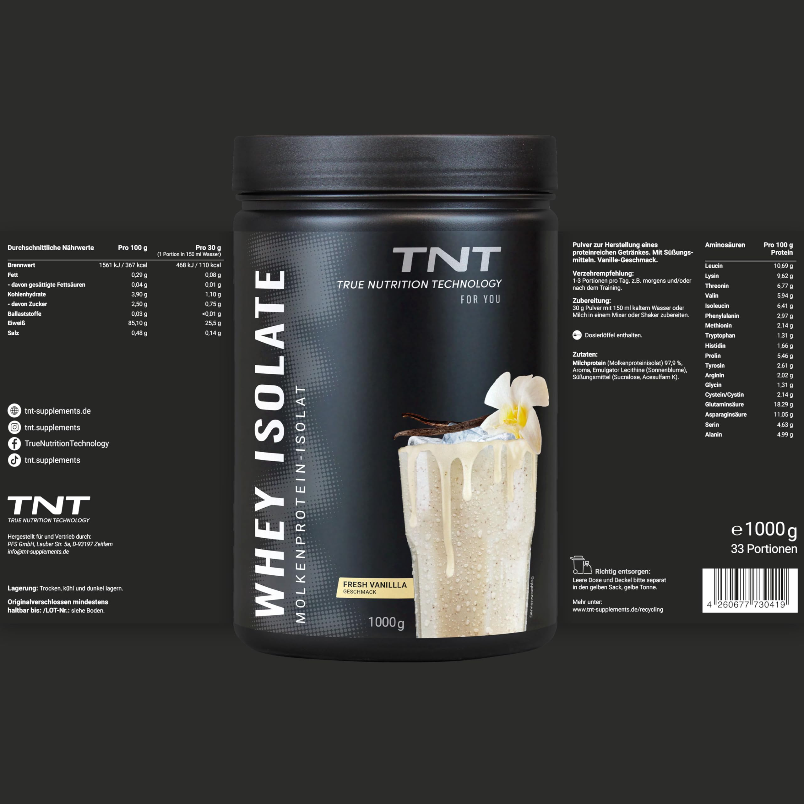 TNT izolat białka serwatkowego (1 kg) • białko w proszku do shake High Protein Shake • Izolat białka serwatkowego • Doskonała rozpuszczalność i pyszny smak (Fresh Vanilla)