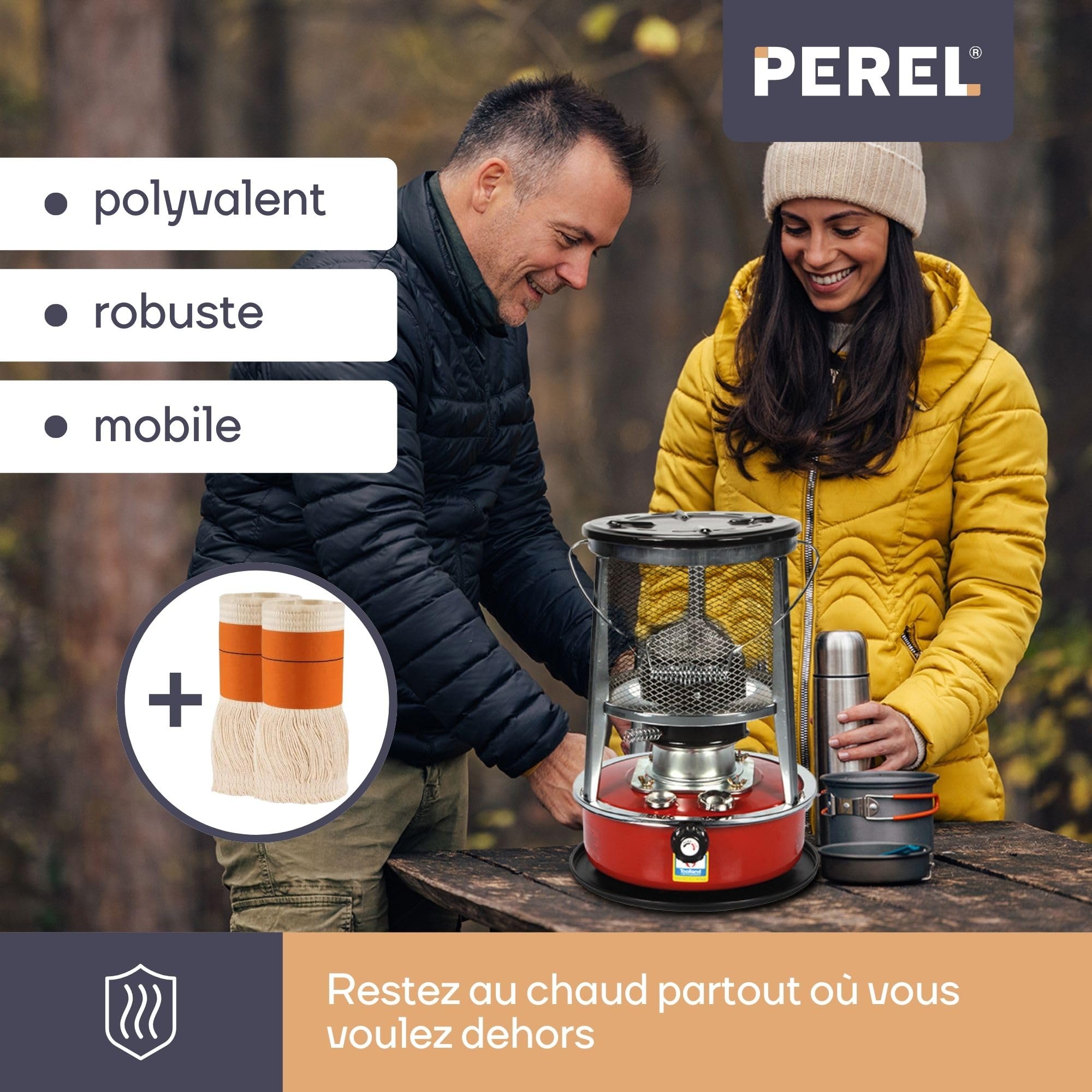 Chauffage à pétrole portable 2600W avec mèche + 2 rechanges, poêle extérieur camping tente 4,6L 18h
