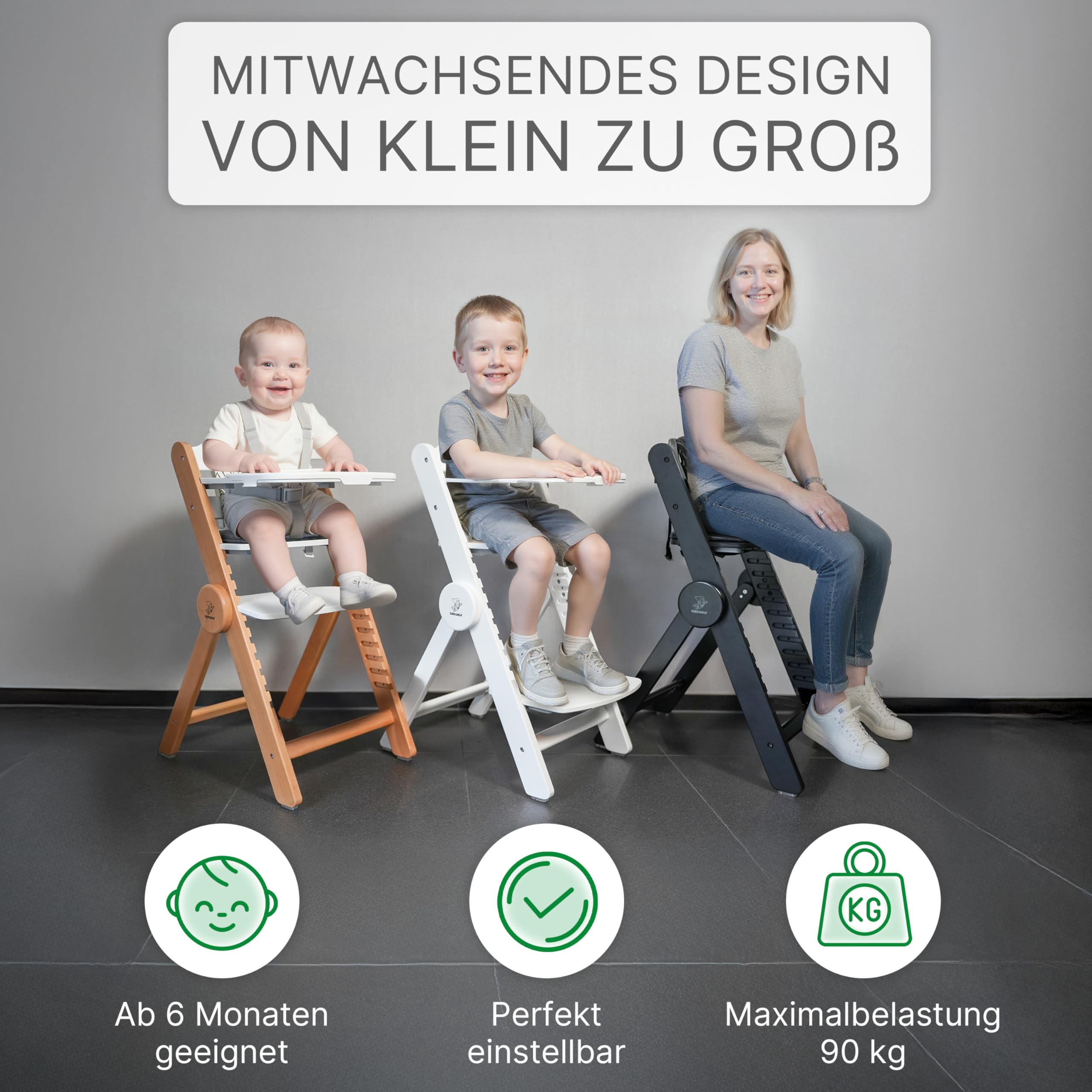 Premium Kinderhochstuhl ZS3 Set - mitwachsend klappbar verstellbar, Hochstuhl Baby ab 6 Monaten bis 90kg belastbar, mit Essbrett - Treppenhochstuhl Kinderstuhl Holz High Chair (natur)