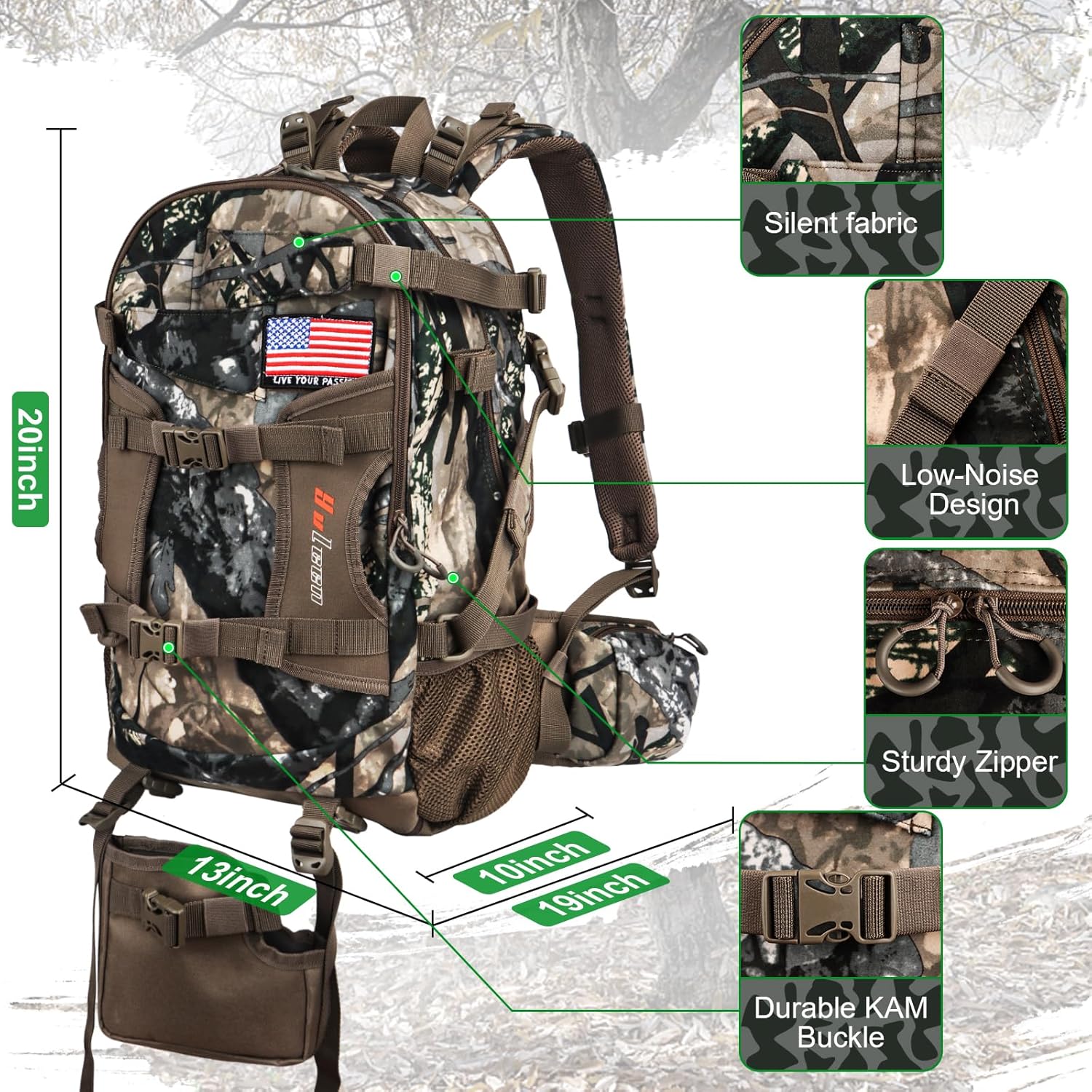YVLEEN Hunting Backpack, Waterproof Camo Hunting Packs for Men, Durable Large Capacity Hunting Day Pack for Rifle Bow Gun - Image 3
