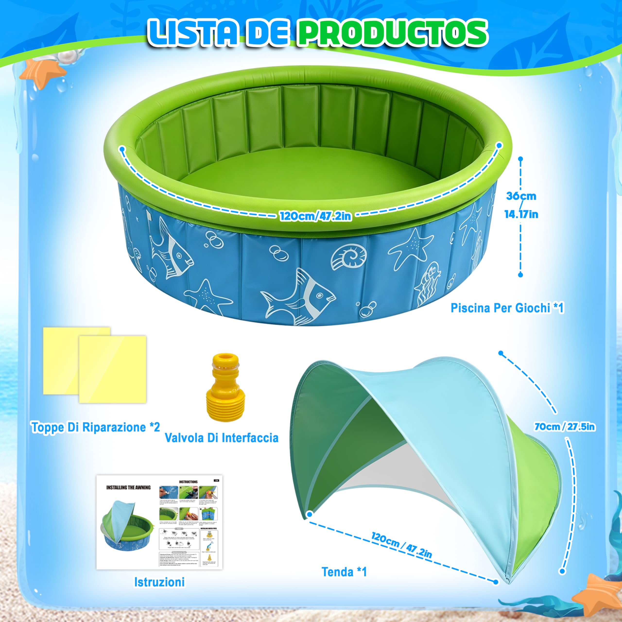 JONRRYIN Piscina per Bambini con Tetto, 120x30 cm Tenda da Spiaggia Piscinetta con Funzione di Sprinkler, Piscinetta Pieghevole per Cani e Bambini per Giardino, Spiaggia, Picnic