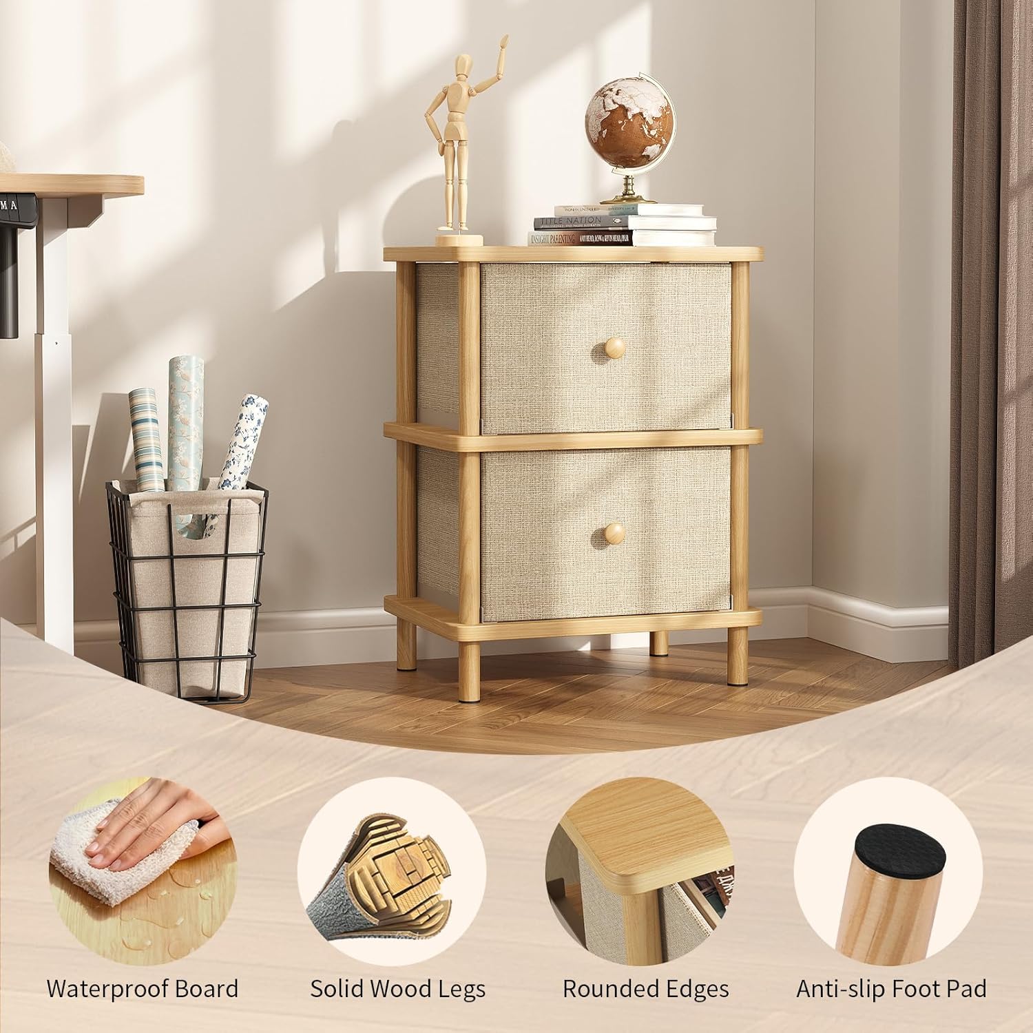 Apicizon Nightstand with 2 Storage Drawers, Boho Side Table with Solid Wood Legs, End Table for Small Spaces, Bedroom, Living Room, Entryway, Natural