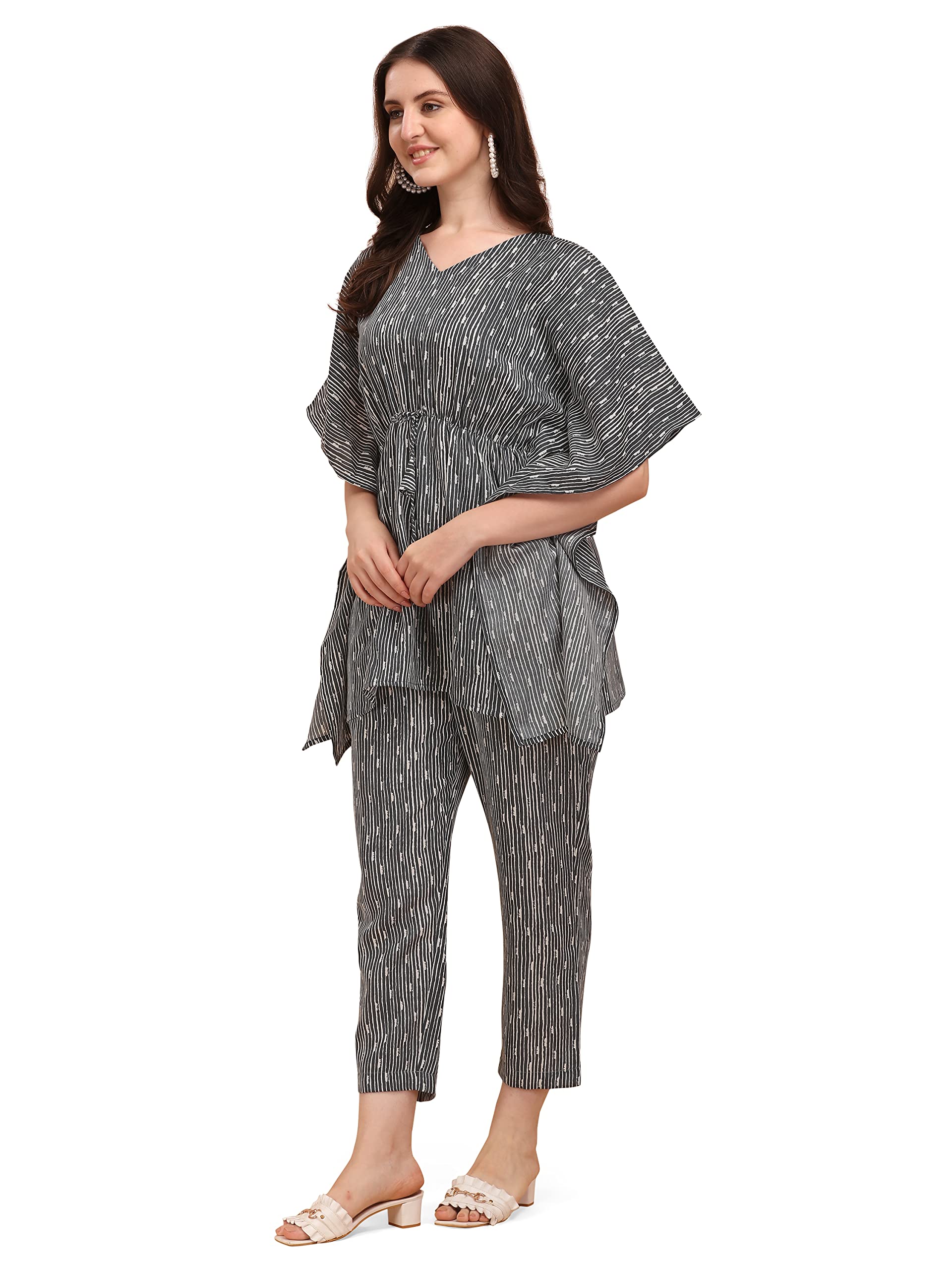 NAINVISH Women's Cotton Blend Straight V-Neck Printed Kaftan Top with Pant (SD229_KB-S_Grey)