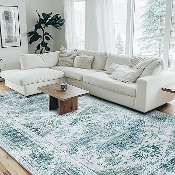 Area Rug, Washable Area Rug with Non-Slip Backing, Boho Vintage Rugs for Living Room, Bedroom,Dining Room,Kitchen,Office, Stain Resistant Large Area Rug Green, 8 x 10