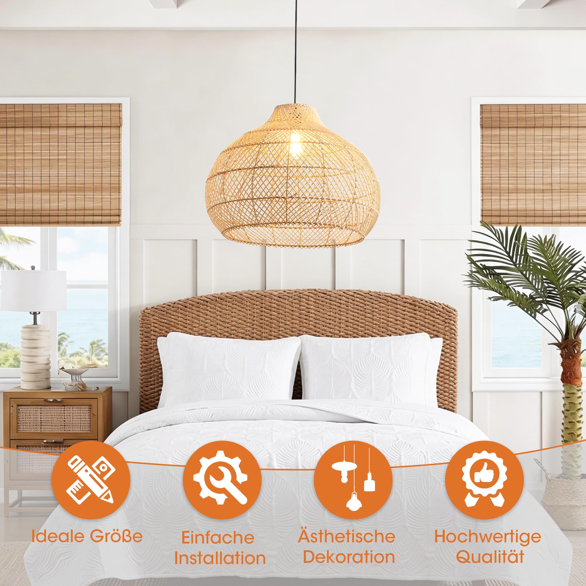 Parrot Uncle Große Rattan-Pendelleuchte, natürlicher Rattanschirm, Eisengestell, höhenverstellbar, E27-Fassung, 60 cm, für Wohnzimmer Esszimmer (Ohne Leuchtmittel) [Energieklasse A]