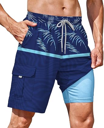 Mens Swim Trunks with Compression Liner Mesh 9 Quick Dry Pockets 2 in 1 Graphic Beach Shorts S-XXL