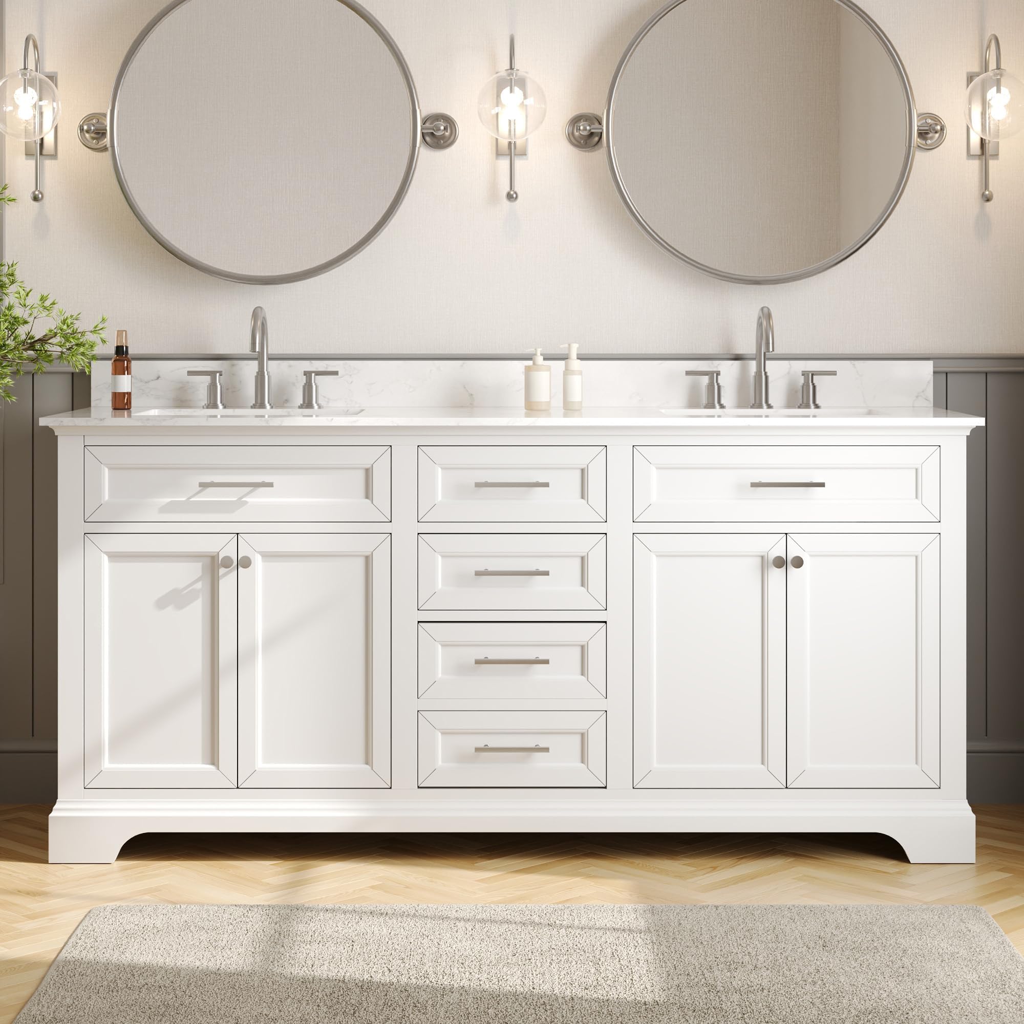 DeerValley 72'' Bathroom Vanity with Double Sink Top, Pre-Assembled Modern Wood Bathroom Cabinet Sink Combo with Backsplash, Soft Closing Doors, Multifunctional Storage Space Vanity (White)