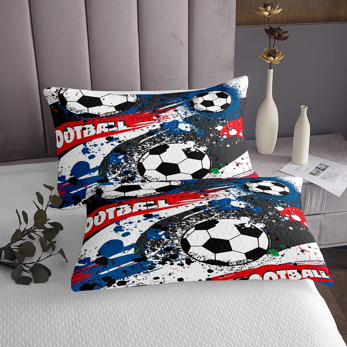 Homemissing Set Copriletto Calcio Copriletto Trapuntato Sportivo per Bambini Ragazzi Graffiti Pallone da Calcio Copriletto Trapuntato Doppio