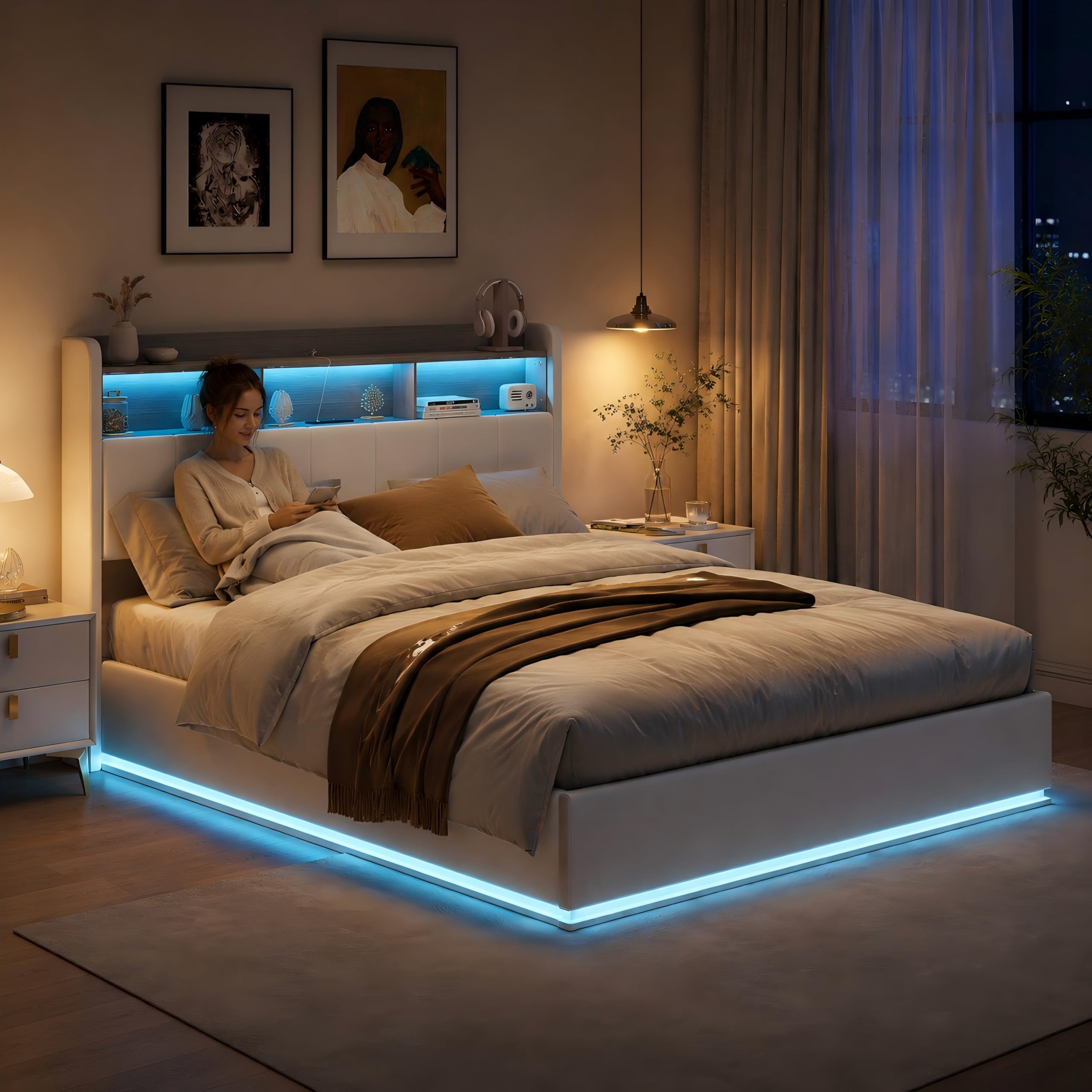 Cama tapizada de 140 x 200 cm con espacio de almacenamiento hidráulico, cama doble con LED y estación de carga USB, cama juvenil de 140 x 200 cm, marco de cama con somier, cama de