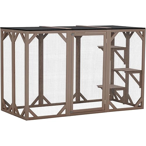 PawHut Outdoor Cat House, Catio Wooden Feral Cat Shelter, Cat Cage with Platforms, Large Enter Door, Weather Protection Asphalt Roof, 71" L, Brown