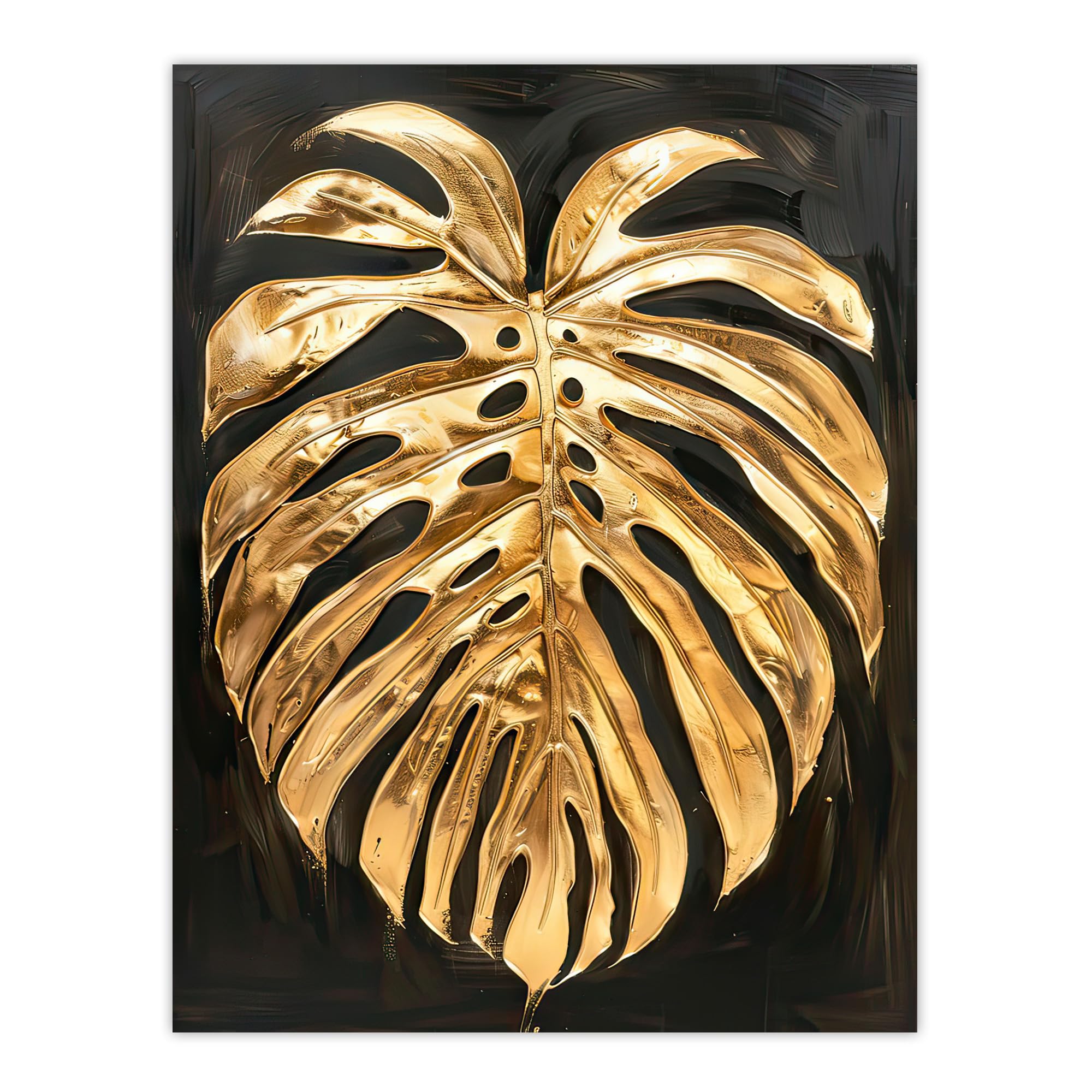 Golden Monstera Leaf Dark Painting Wall Art Print - Artery8 - W24 inch x H32 inch - Gold