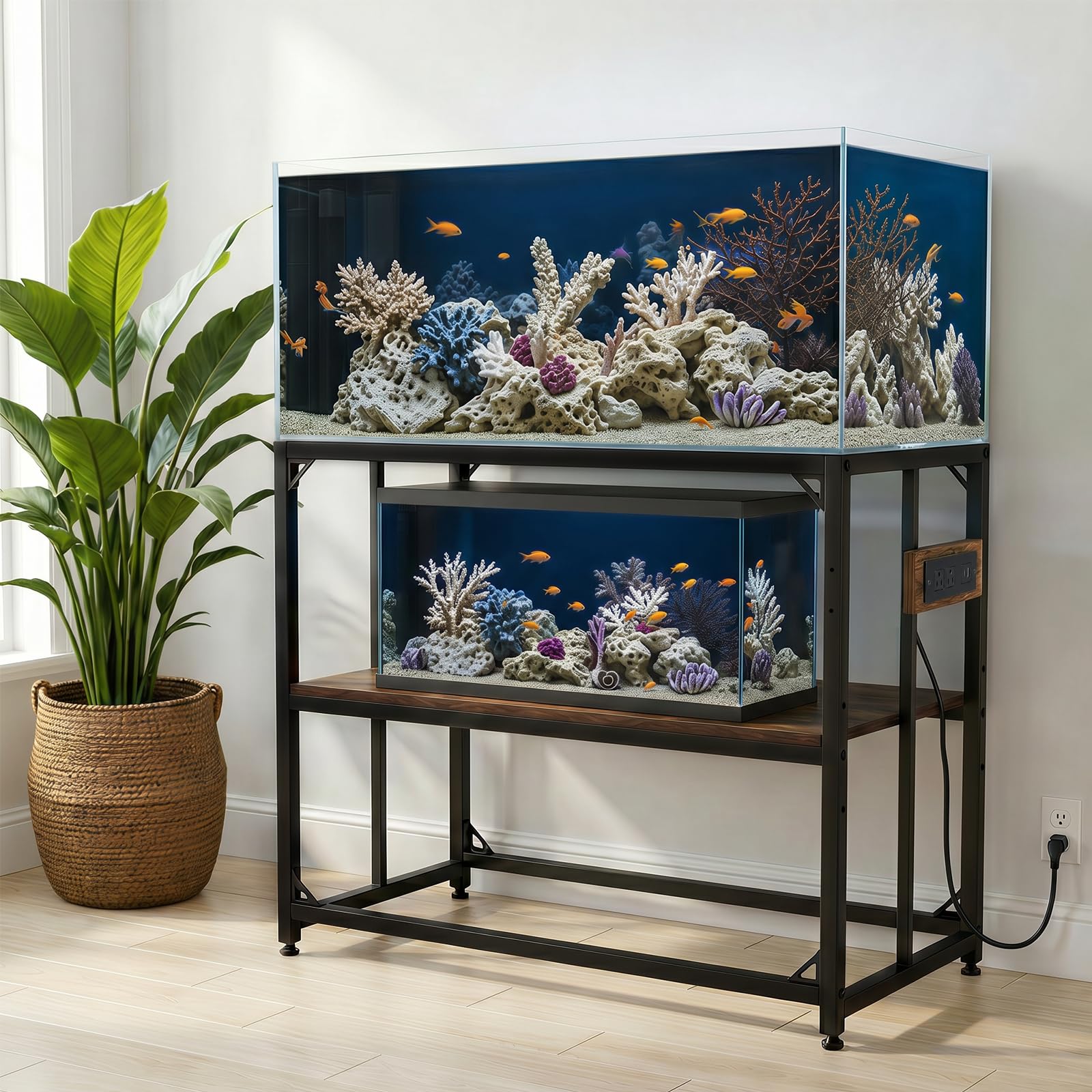 Mueble de metal para terrario con enchufes incorporados y doble nivel