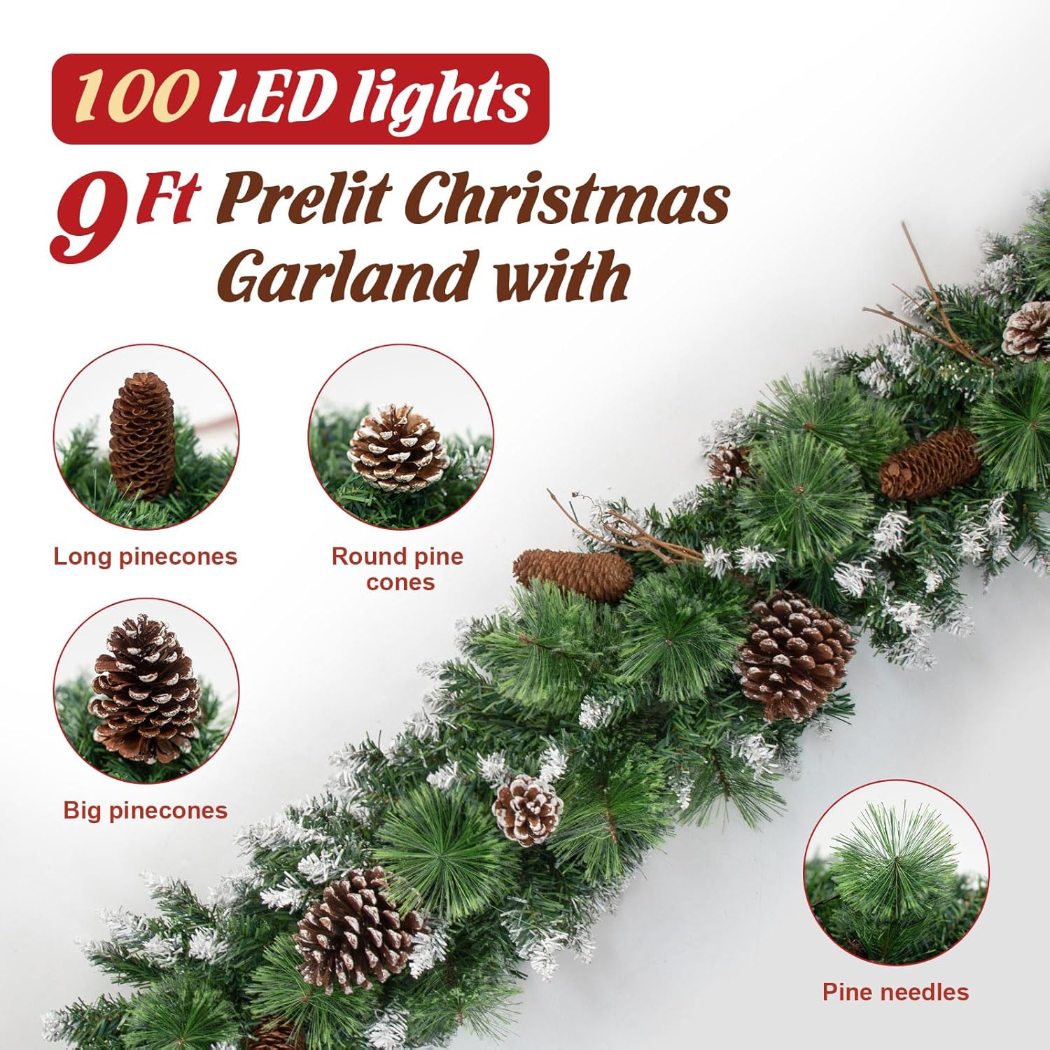 Jin&Bao 9FT Christmas Garland with Lights, 100 LED Prelit Green Snowy Pine Garland Christmas Decorations with Timer Function, 3AA Battery Operated Xmas Garland Fireplace Door Stairs Outdoor - Image 2