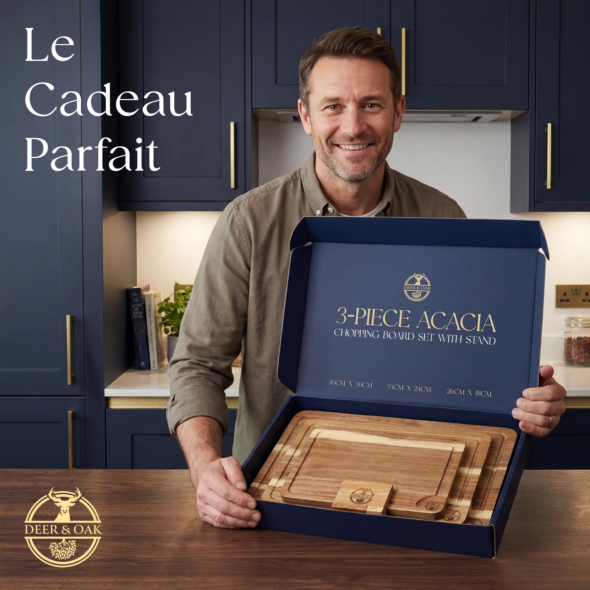 Ensemble de 3 planches à découper en acacia pré-huilées, non toxiques avec support, planches à découper en bois certifiées FSC, comprend 100 ml d'huile pour planche à découper, 3 planches de sculpture