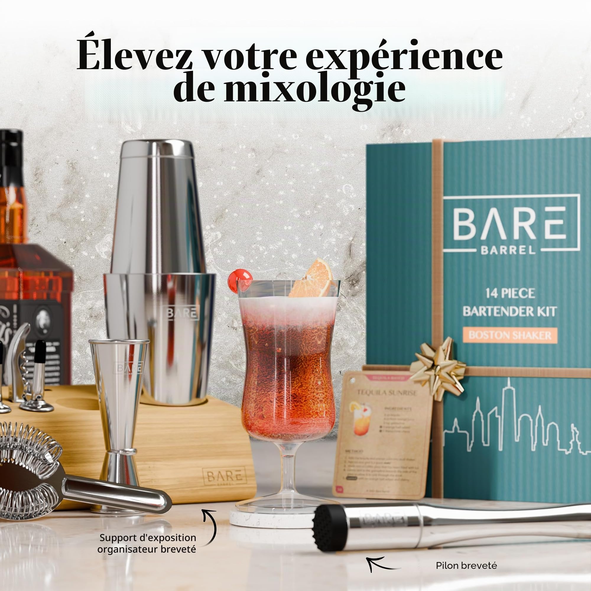 Kit de cocktail Pro | Kit de barman Mixology | Ensemble de 14 shaker à cocktail | Accessoires Martini Home Bartending Bar | Avec 35 cartes de recettes | Coffret cadeau (800 ml/28 oz Boston Shaker
