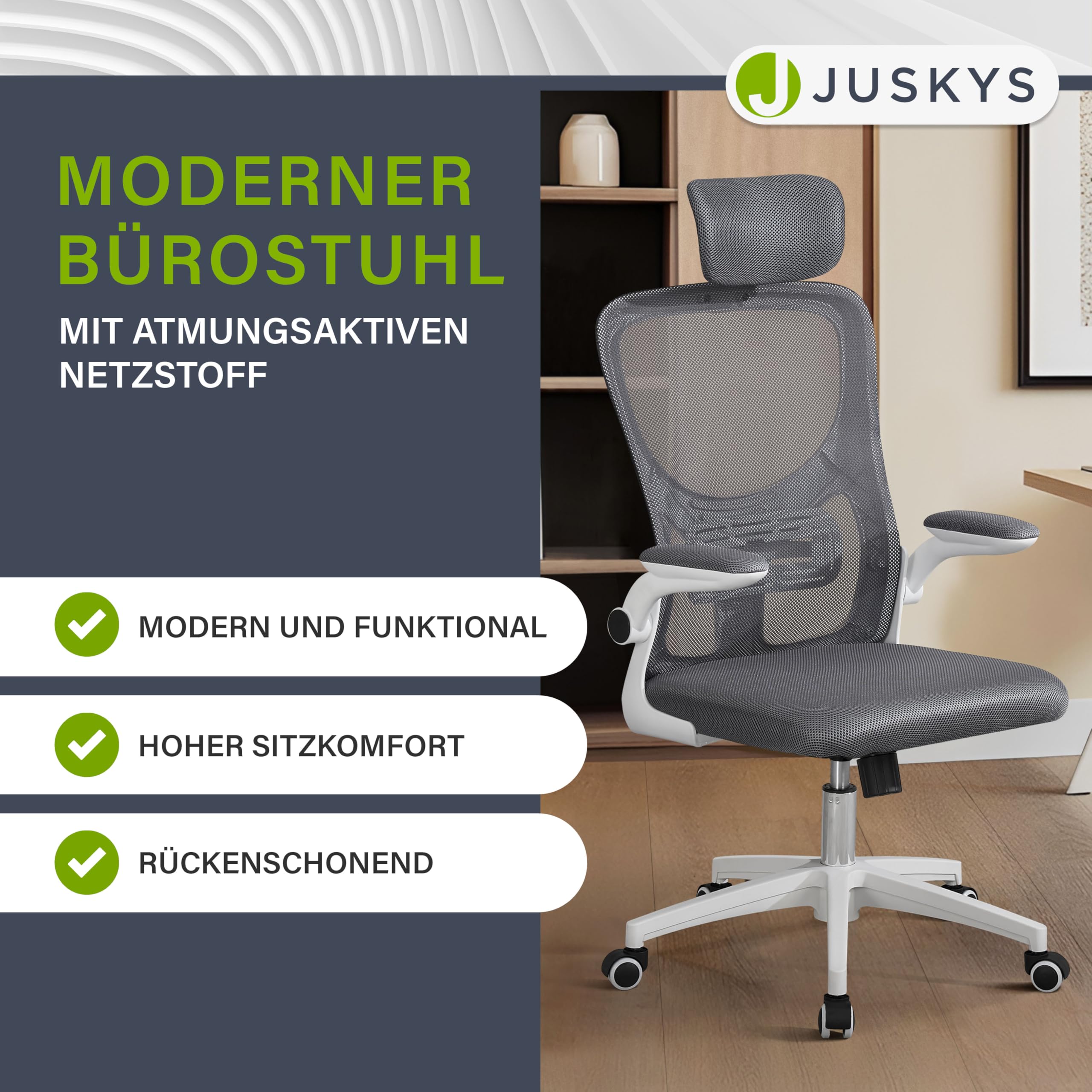 Juskys Bürostuhl Baltimore mit Rollen & Armlehne - Schreibtischstuhl ergonomisch & höhenverstellbar - Stuhl für Arbeitszimmer - Drehstuhl - Grau
