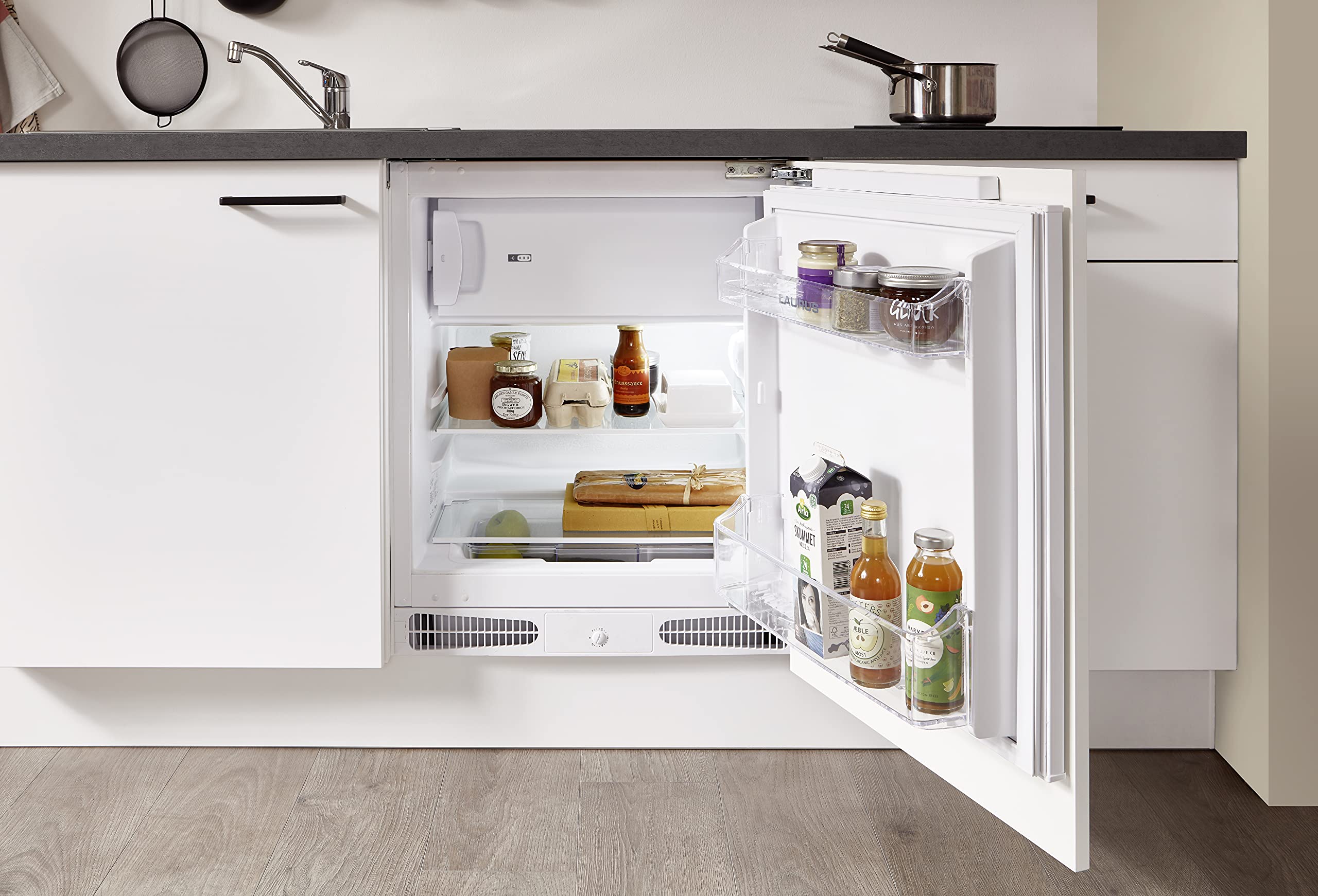 WALLERS cuisine complète 180 cm : Meubles 19mm + Plan de travail 3,8cm + Frigo intégré table top + Plaque de cuisson 2 foyers + Mitigeur (180 cm évier à gauche, Plan de travail couleur chêne)