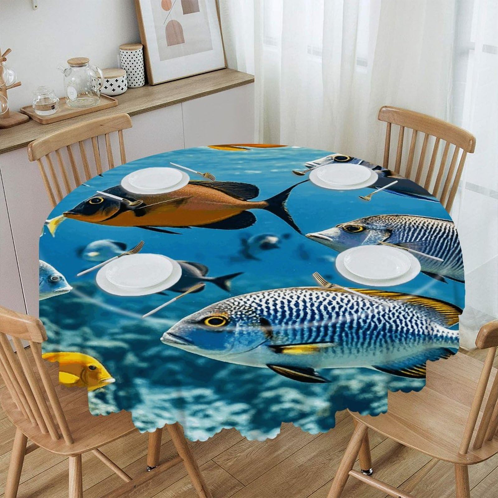 LZQPOEAS Fish in The Sea Round Tablecloth Rustic Circle Table Cloth Wrinkle Resistant Decor Tablecloth Waterproof Washable Table Cover for Kitchen Party Dining Table 60 Inch