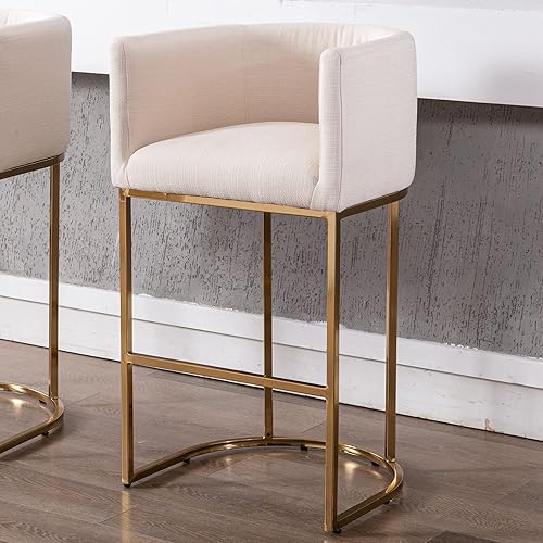 VESCASA 32" H Bar Height Bar Stool with Barrel Back and Arms, 4.5" H Upholstered Seat Cushion Linen Modern Kitchen Island Chair with Gold Metal Frame for Kitchen Island, Cream